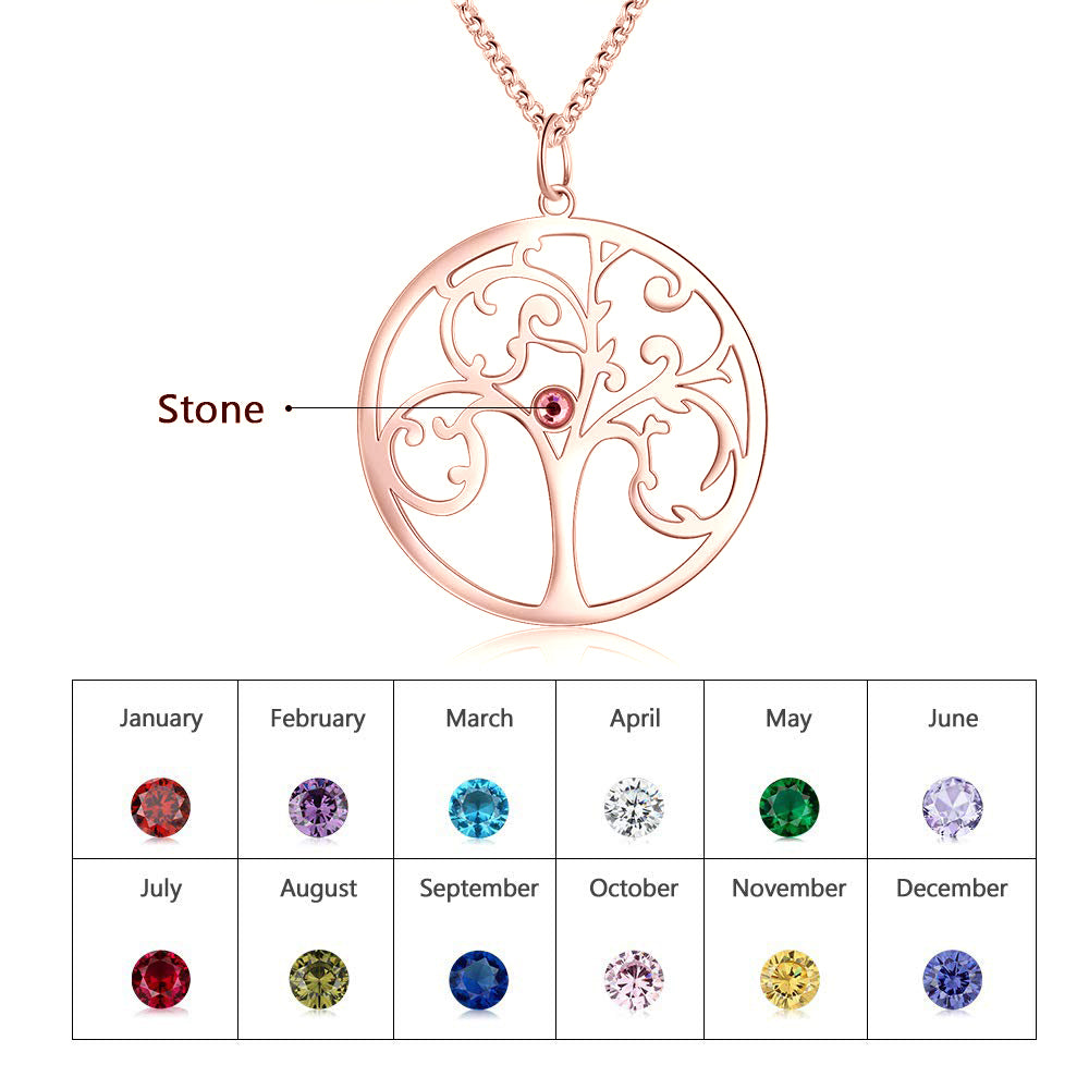 925 Sterling Silver Family Tree Necklace, Rose Gold Family Tree Necklace with birthstone personalization on display