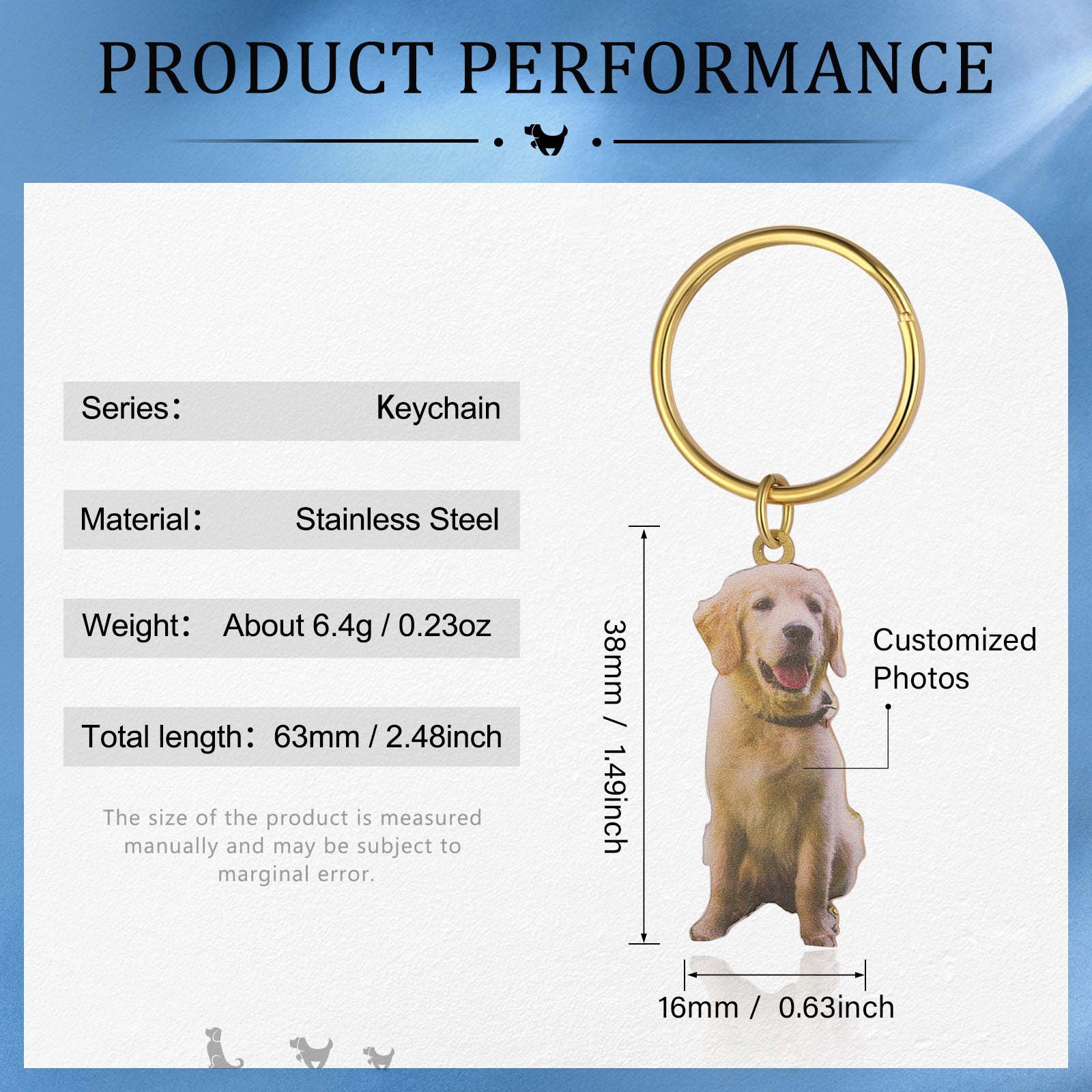 Custom Animal Photo Keychain featuring golden retriever, stainless steel, 63mm length.