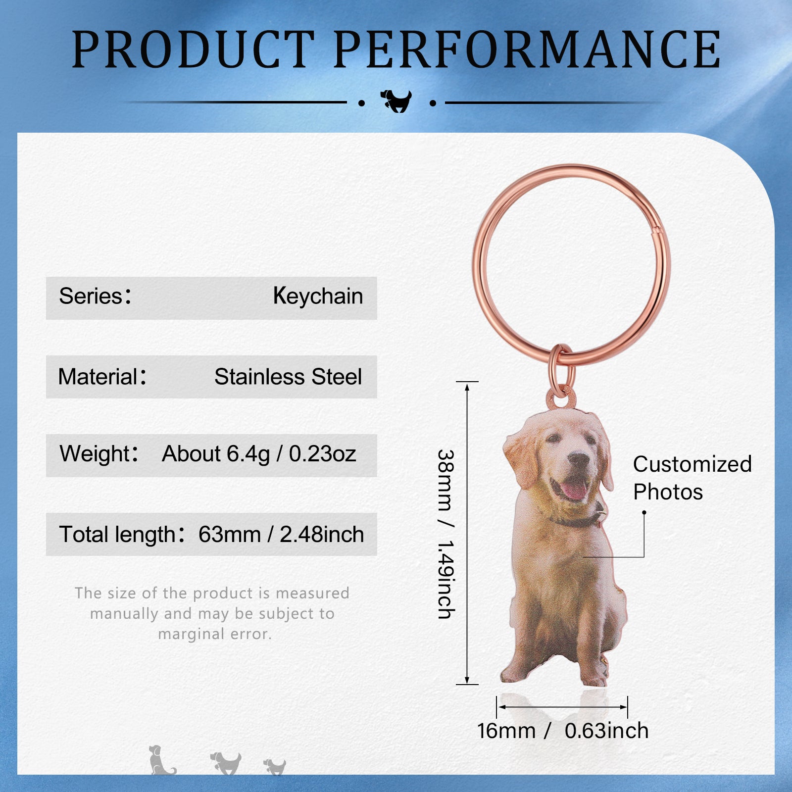 Custom Animal Photo Keychain made of stainless steel featuring a golden retriever photo.