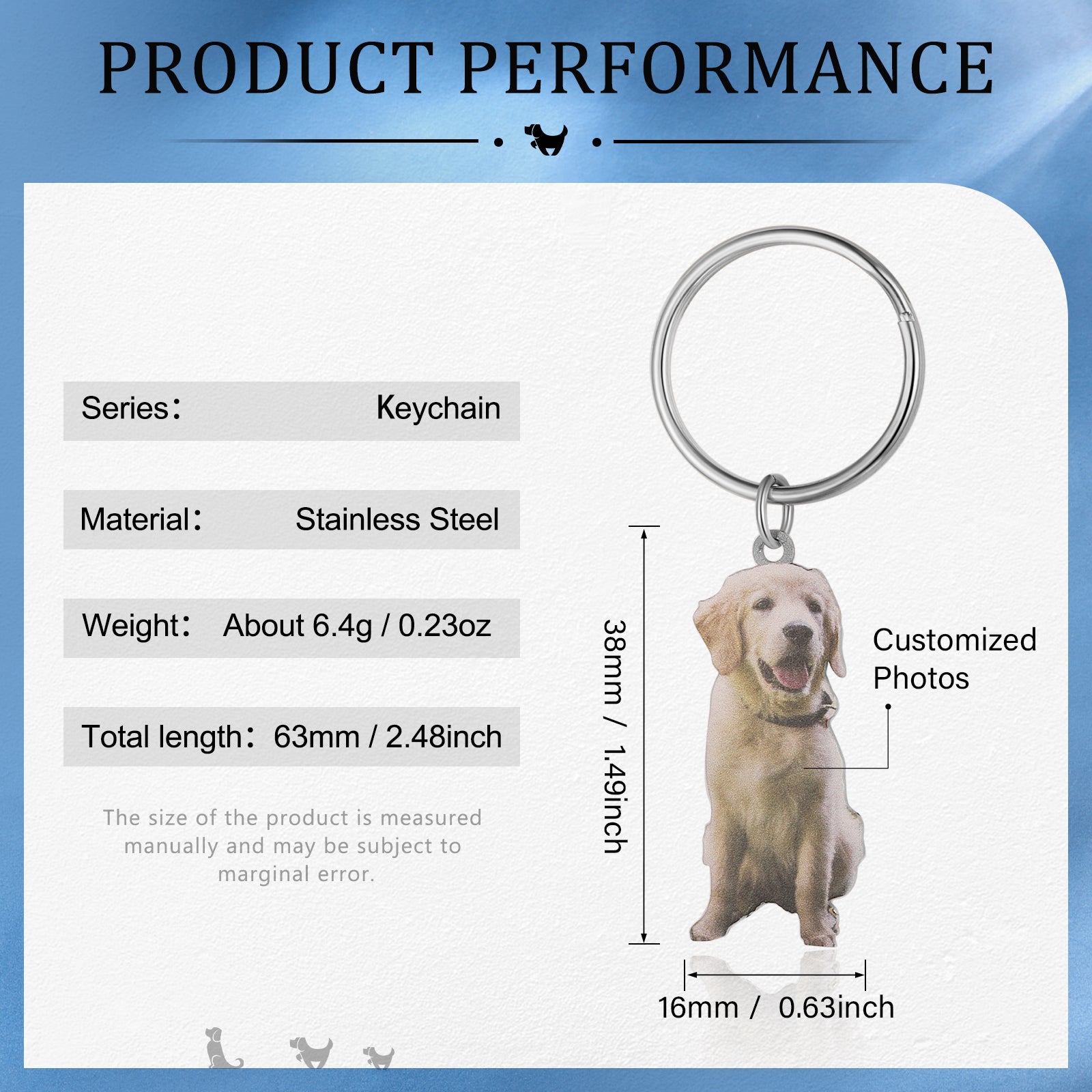 Custom Pet Keychain performance chart with Custom Animal Photo Keychain of golden retriever, stainless steel