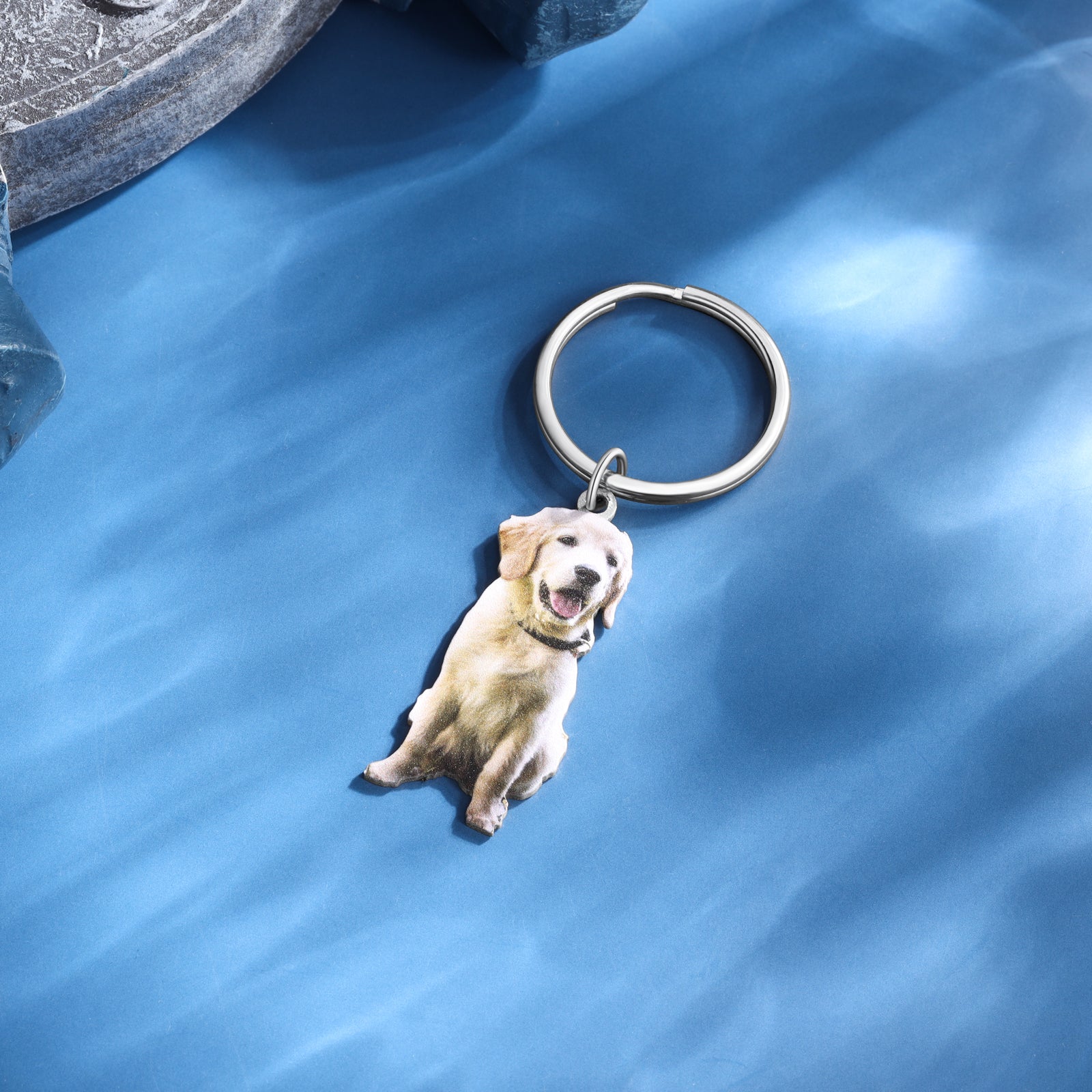 Golden retriever Custom Animal Photo Keychain on a silver ring, blue background, Personalized Pet Keychain