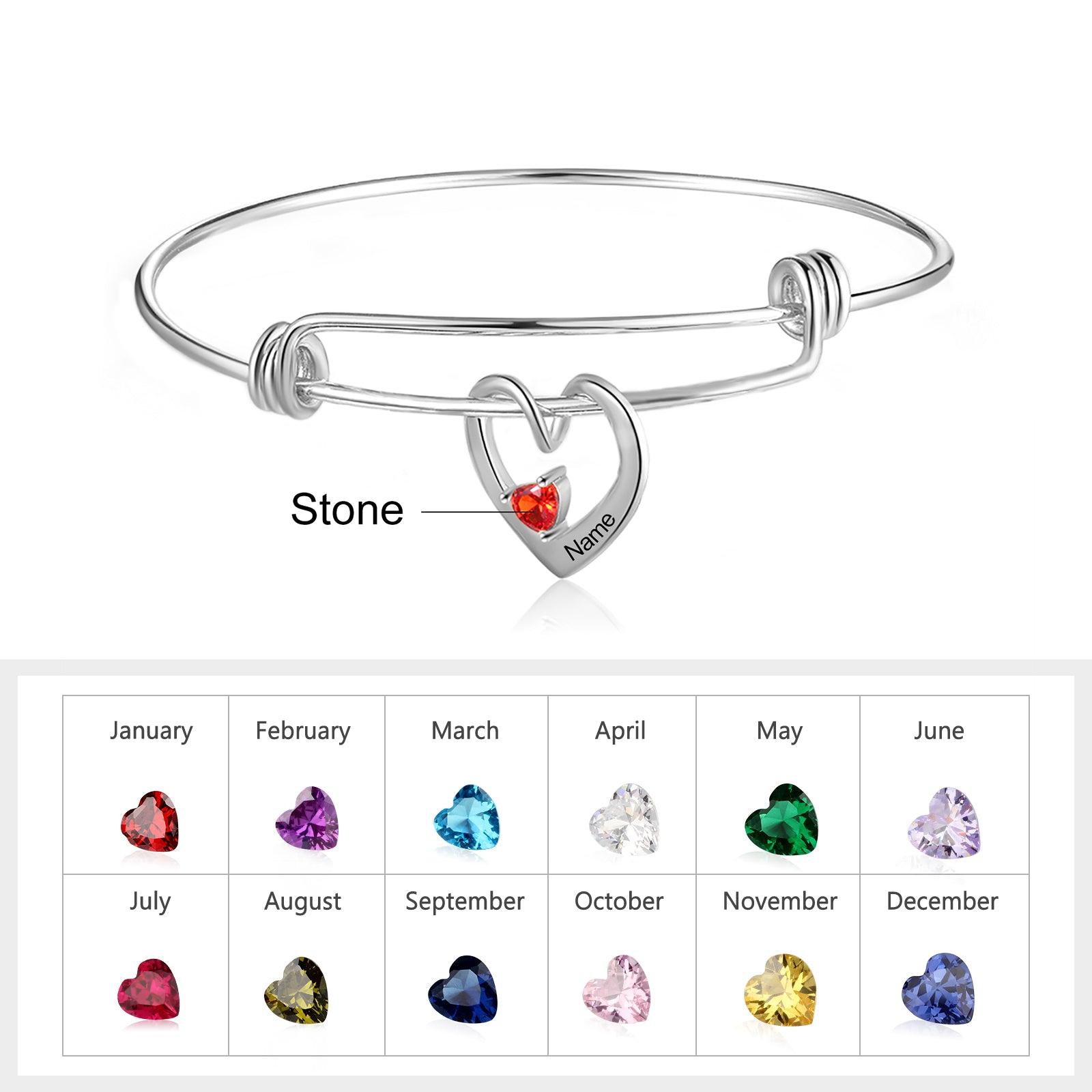 Rhodium Plated Heart Bangle Bracelet