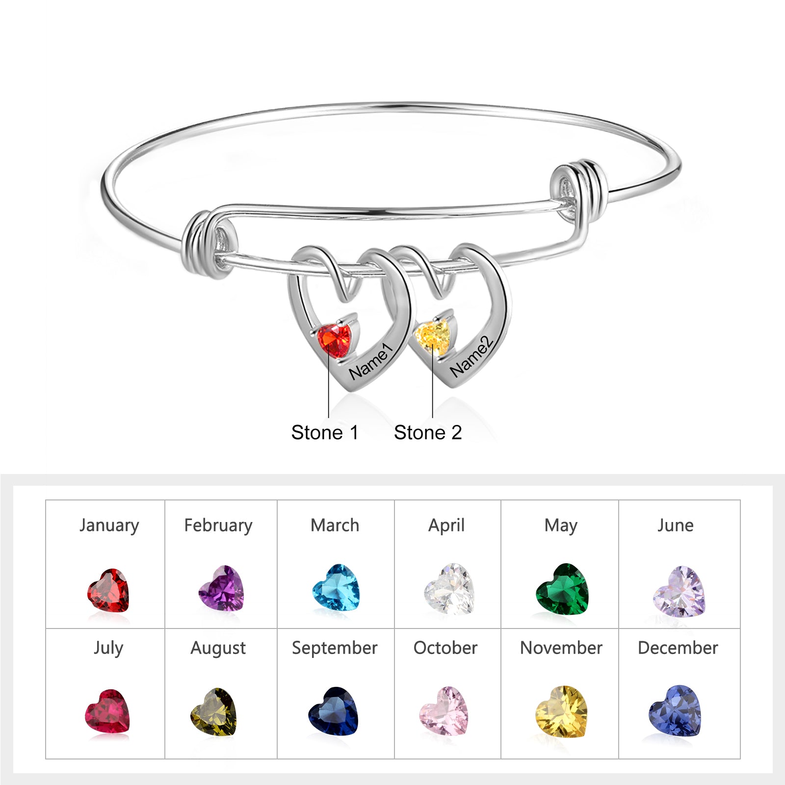 Rhodium Plated Heart Bangle Bracelet