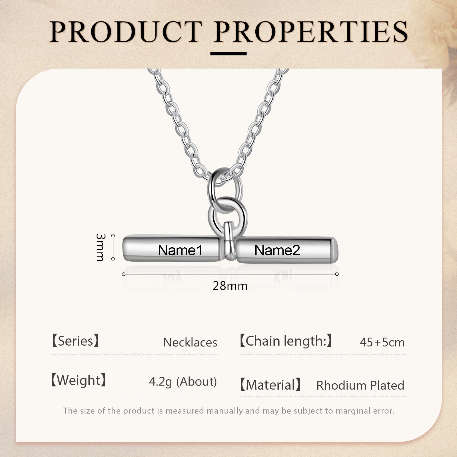 stone bead necklace with personalized pendant for two names, rhodium plated