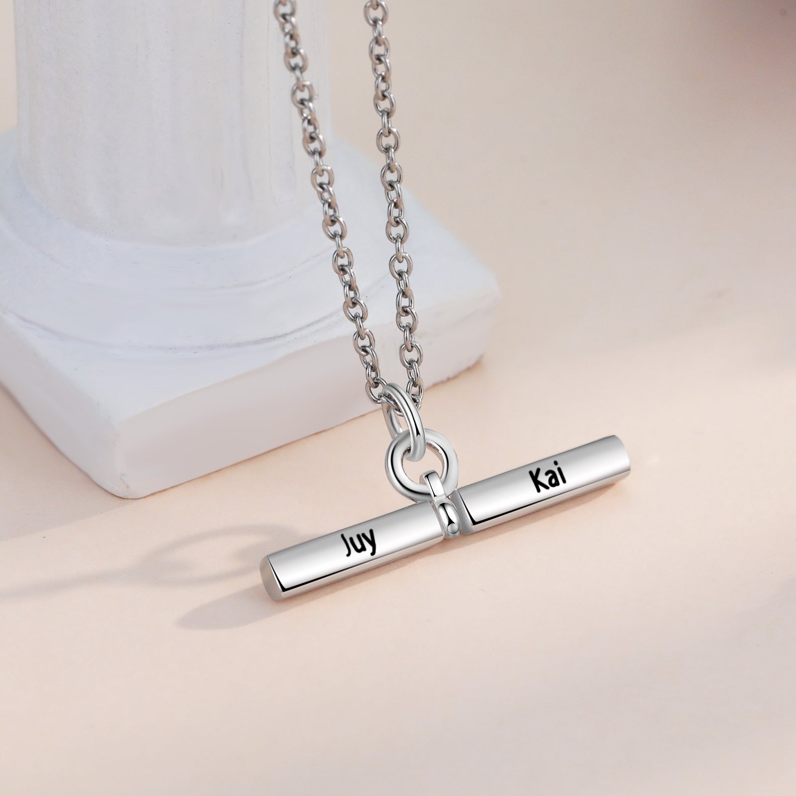 earring jewelry, Silver necklace with engraved names Juy and Kai on pillar, personalized jewelry