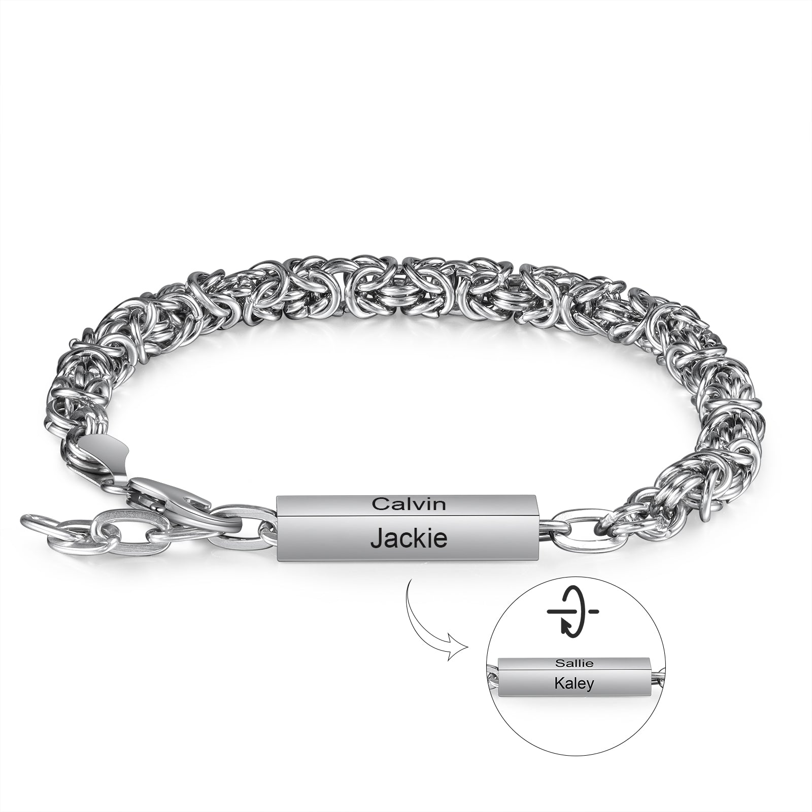 Custom stainless steel bracelet with options for name, photo, and birthstone personalization