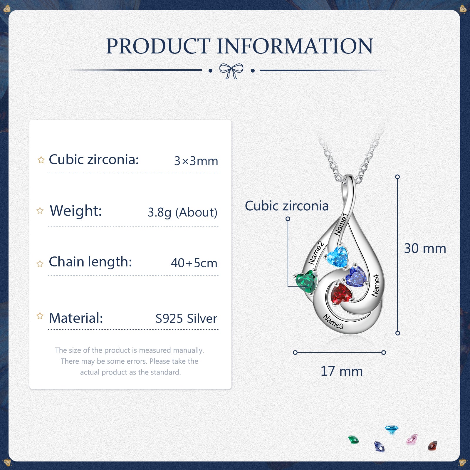 S925 Silver Birthstone Drop Shape Necklace