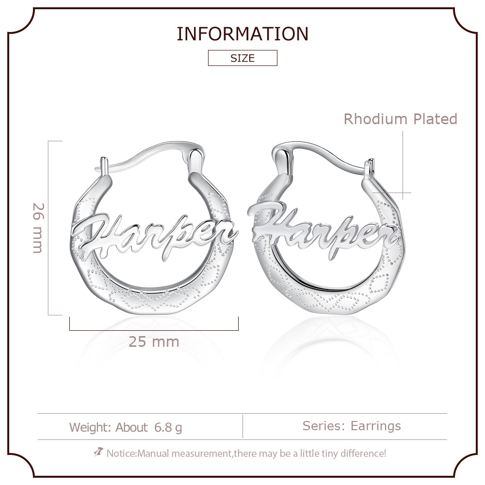 bead bracelet, Harper Name Earrings, rhodium-plated silver with cursive lettering, 26mm diameter.