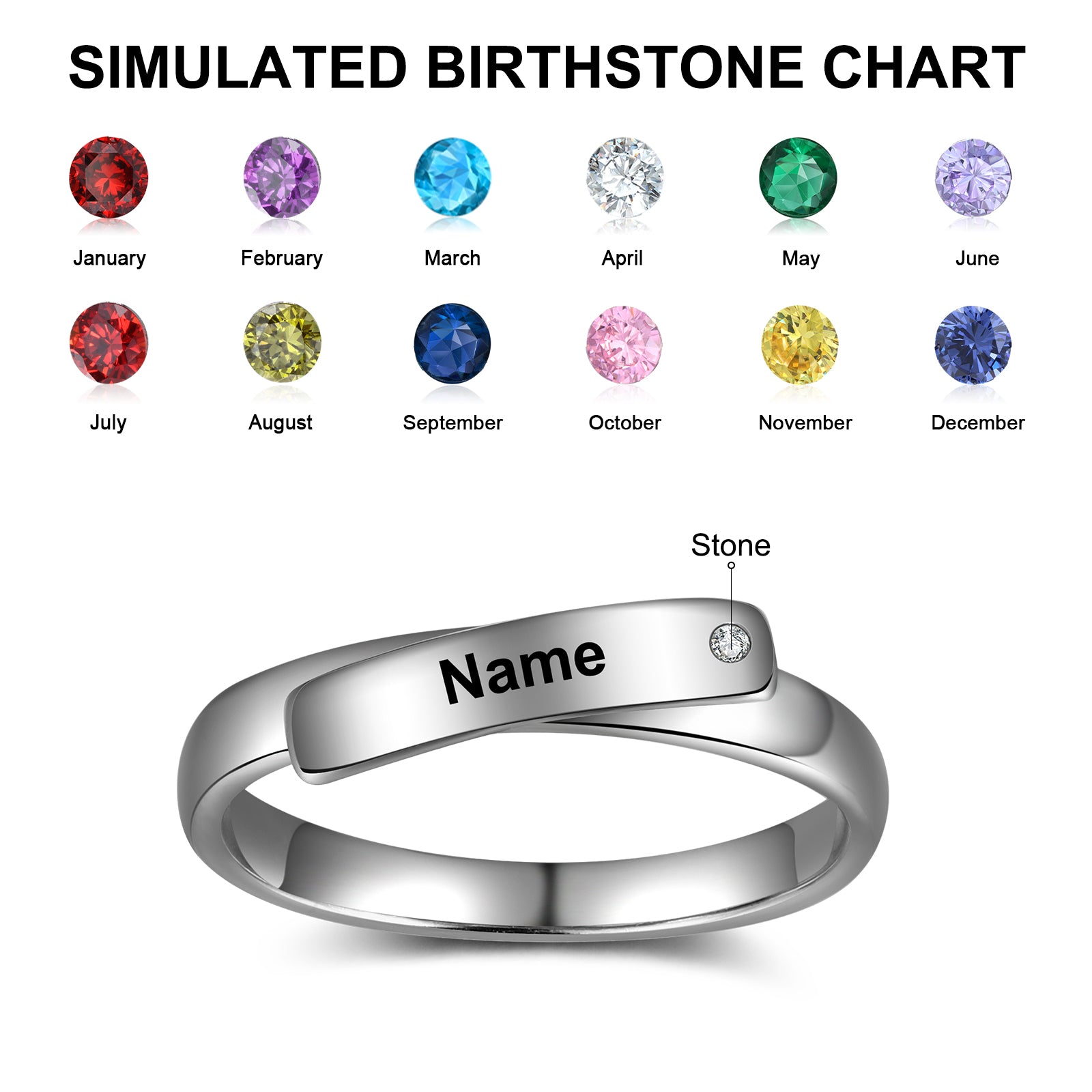 birthday necklace, Couple Ring with birthstone chart and customizable silver band with diamond details