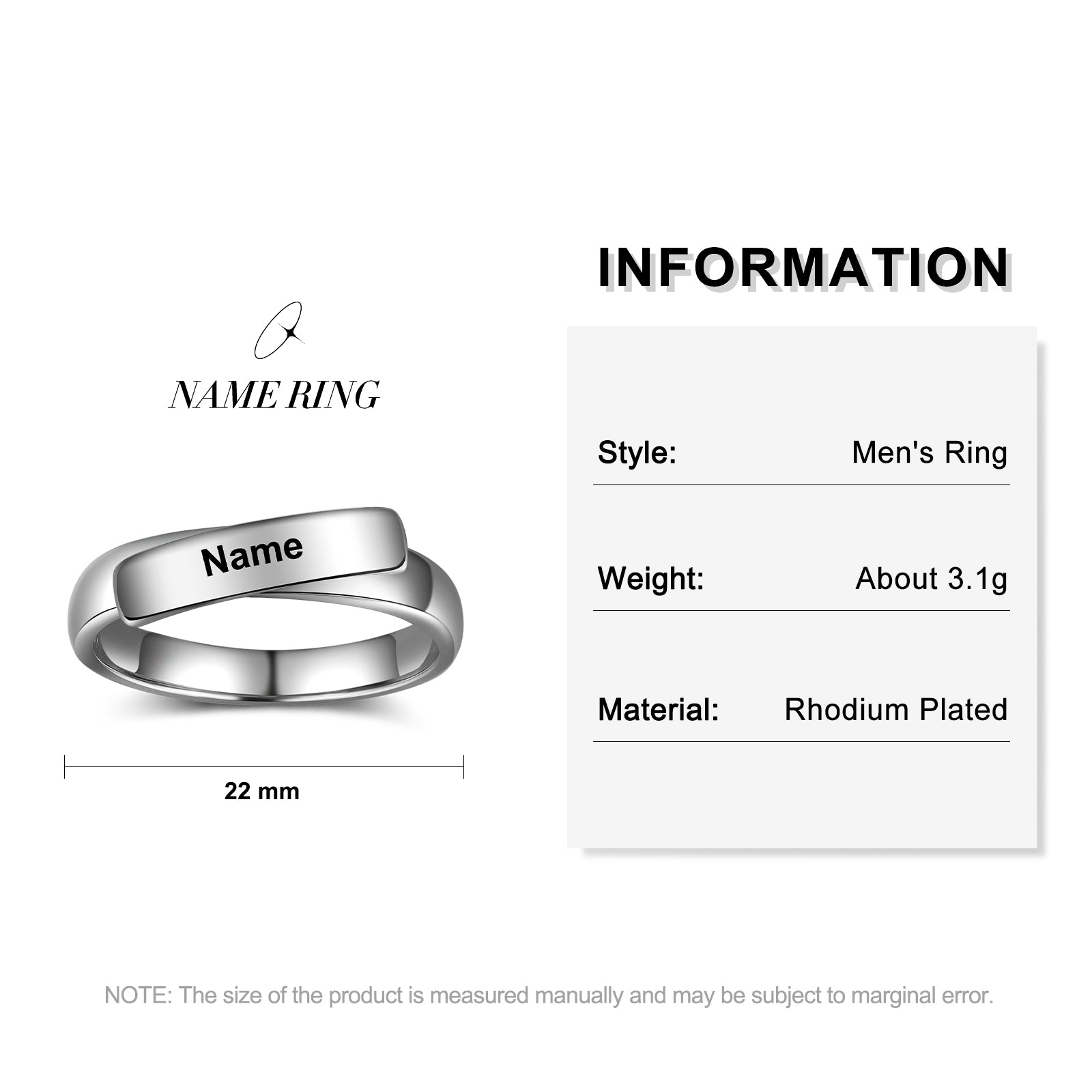 earring style, personalized couple ring with rhodium-plated flat band and customizable name option