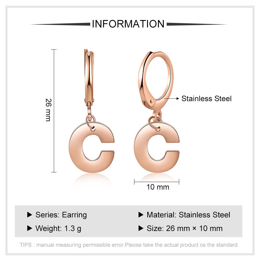 birthday bracelet, Personalized jewelry: rose gold 'C' earrings, stainless steel, 26mm length, 1.3g.