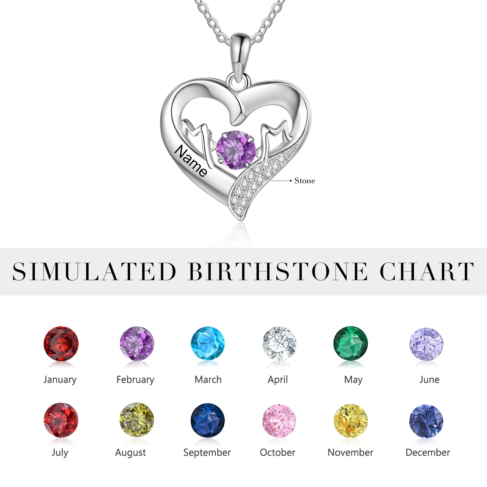 stone bead necklace, silver heart pendant mom necklace with purple and clear stones, birthstone chart