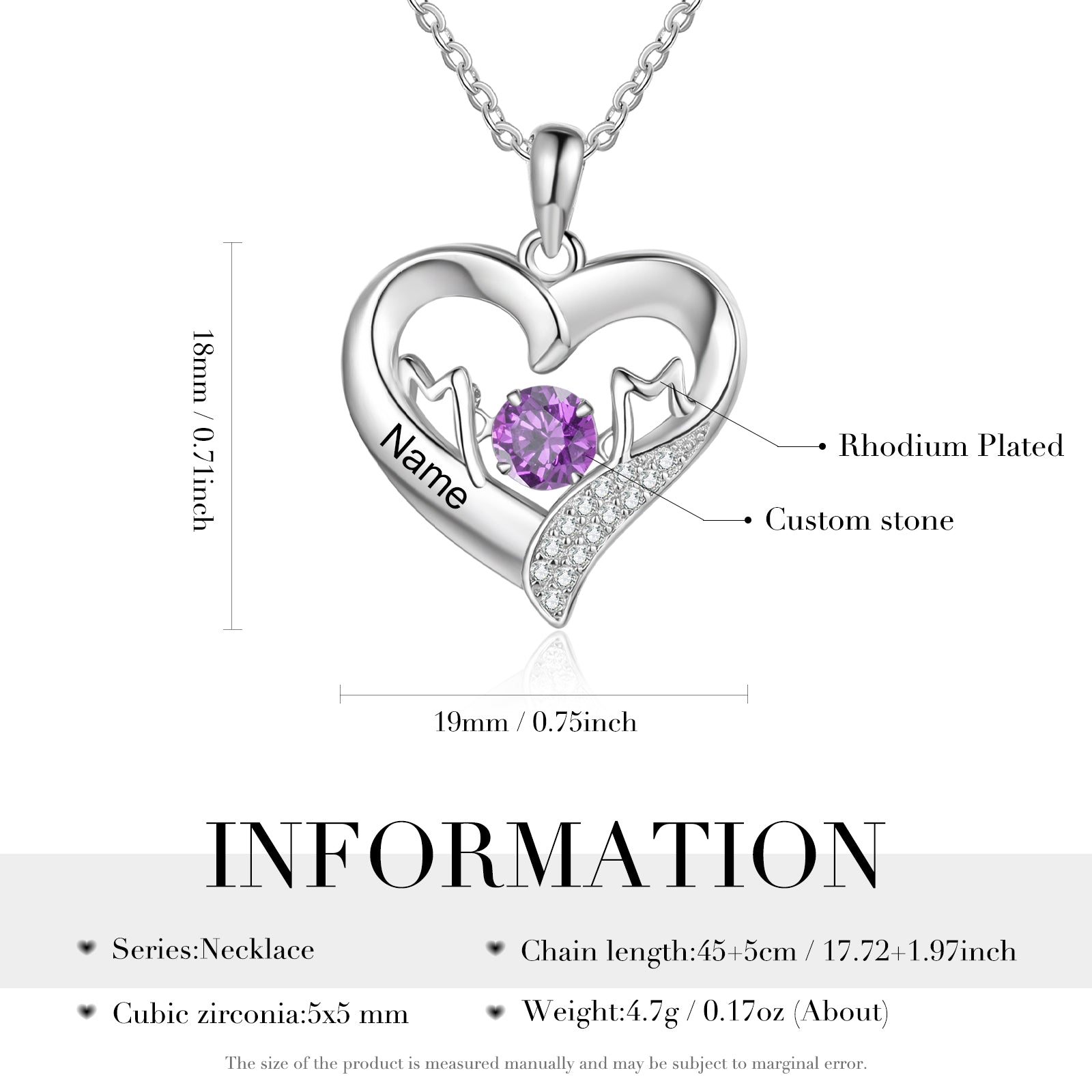 silver mom necklace with purple gemstone heart pendant and picture necklace