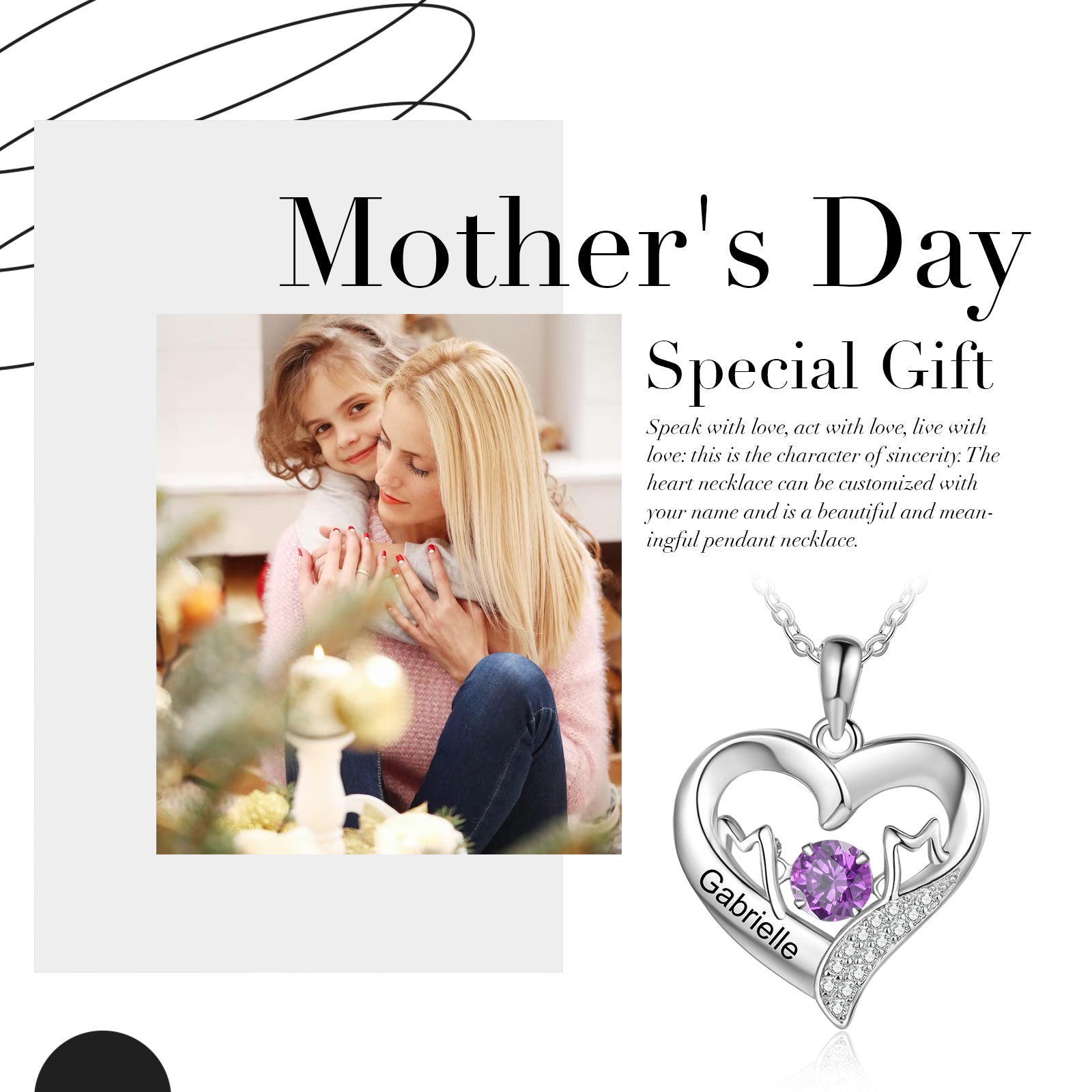 picture into necklace, Mom Necklace with Heart Pendant, Purple Gemstone, and Gabrielle Personalization