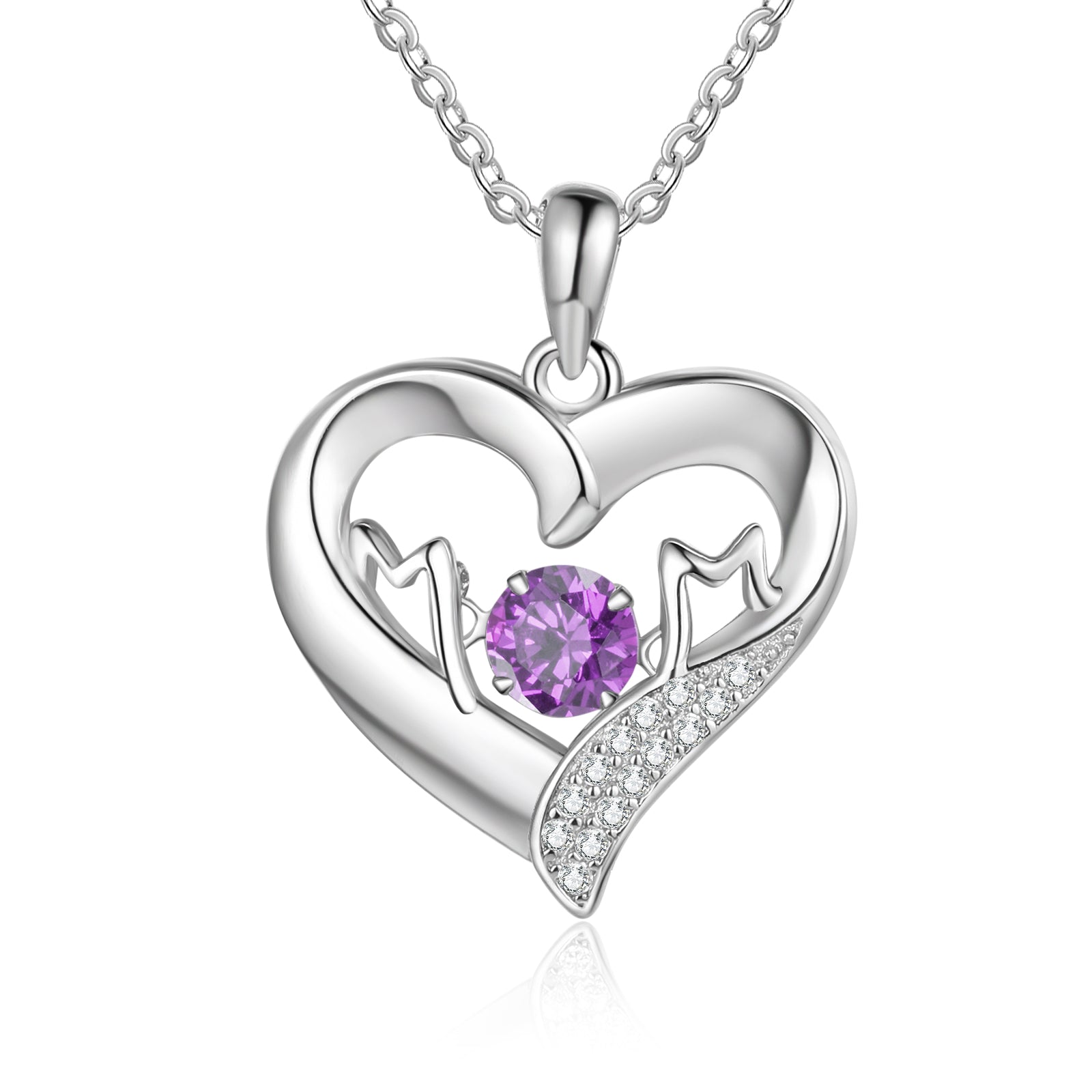 picture into necklace, Silver heart pendant mom necklace with purple gemstone and intricate design