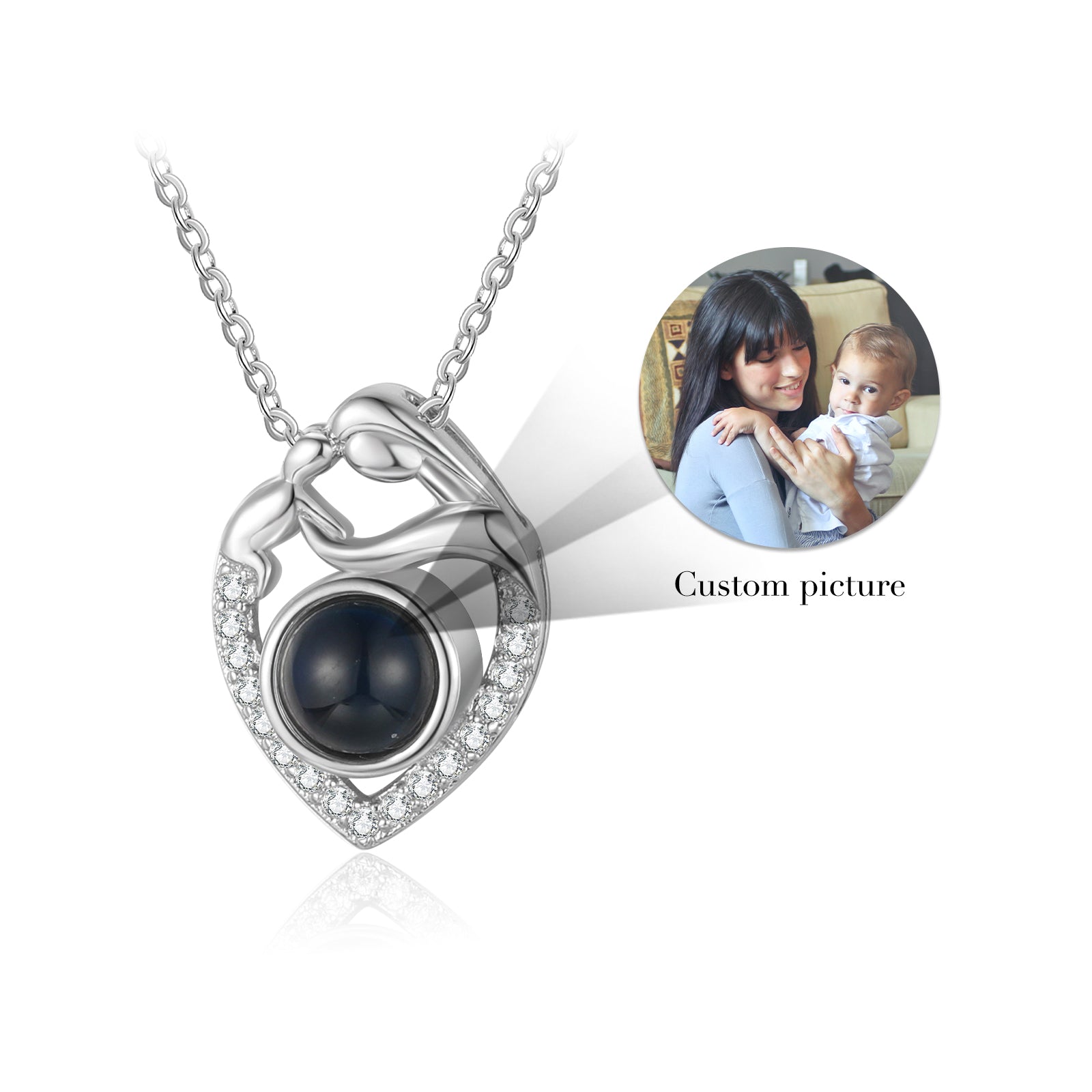 necklace with photo inside, Silver heart-shaped mother child necklace with a custom photo inside and gemstones