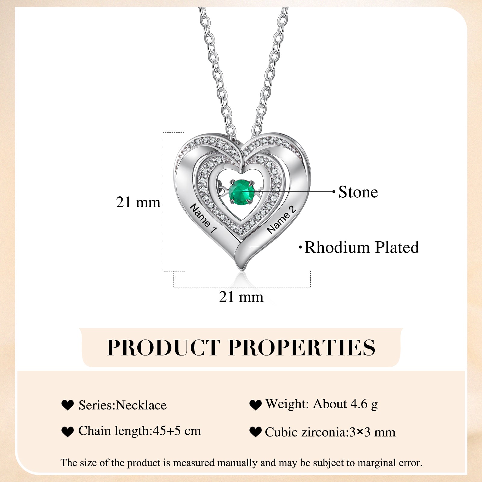 silver personalized heart necklace with green gemstone, ring sound option