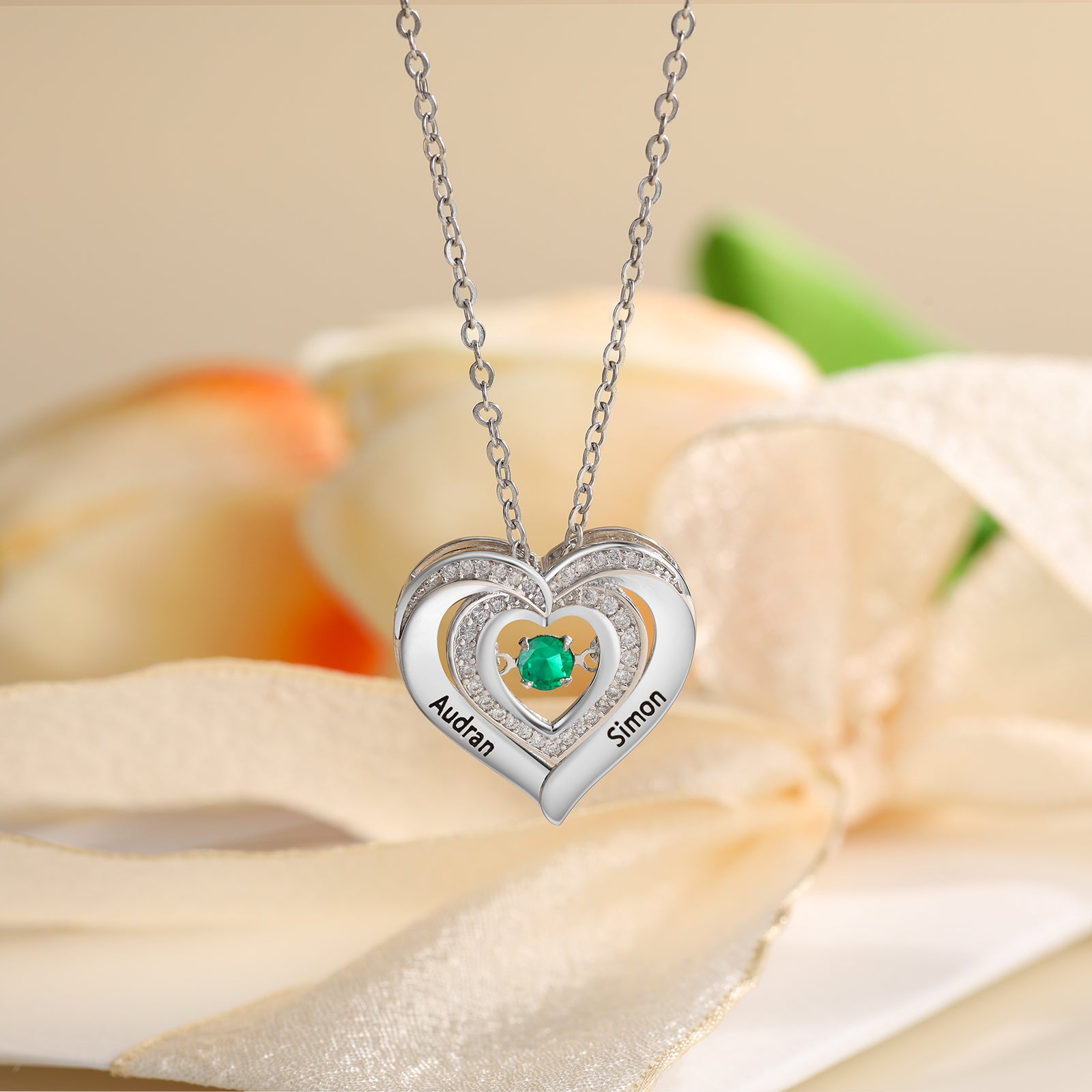 christmas necklace, Silver heart necklace with engraved names Audran and Simon, with sparkling stones.