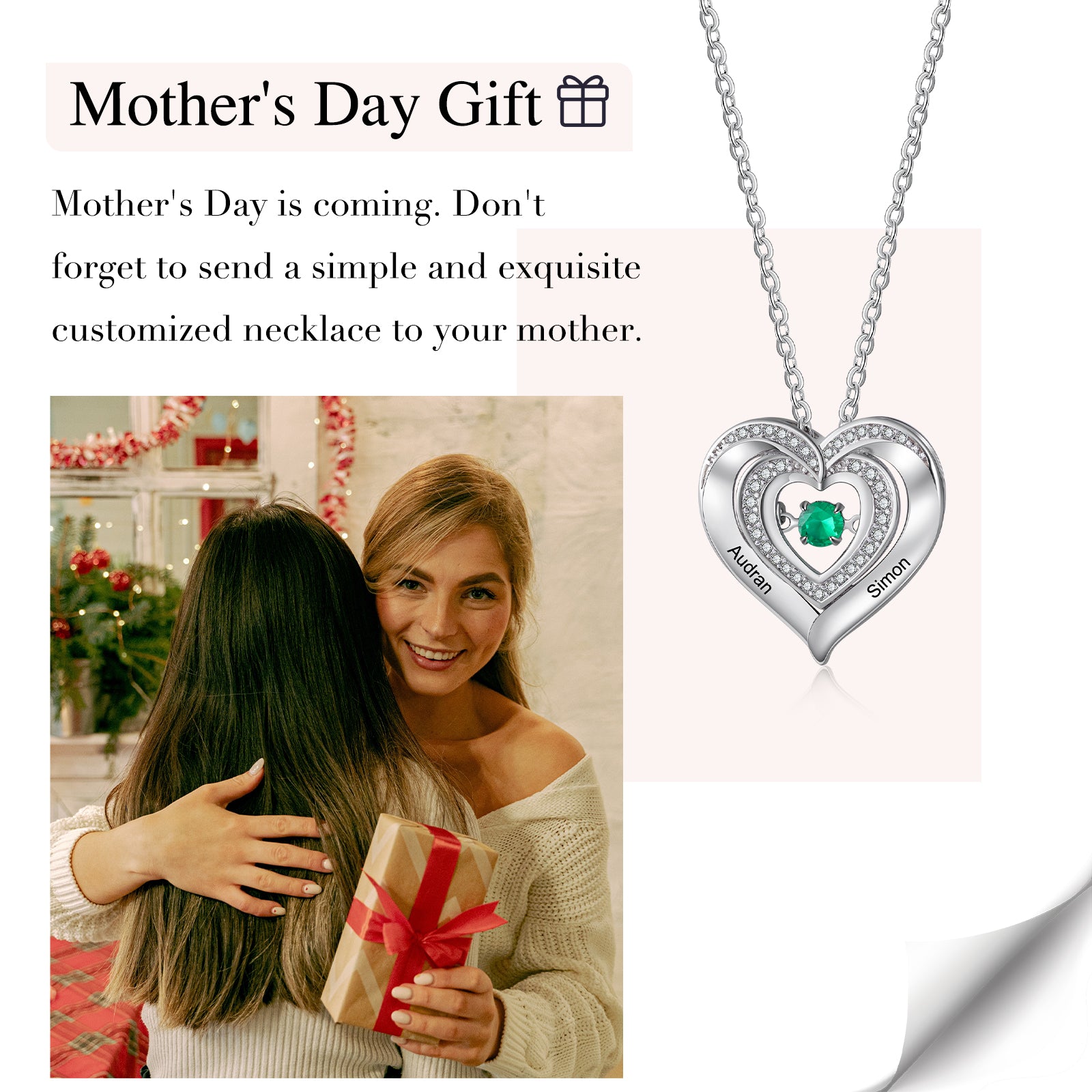 earrings with names, personalized heart necklace for Mother's Day with green gemstone and silver accents