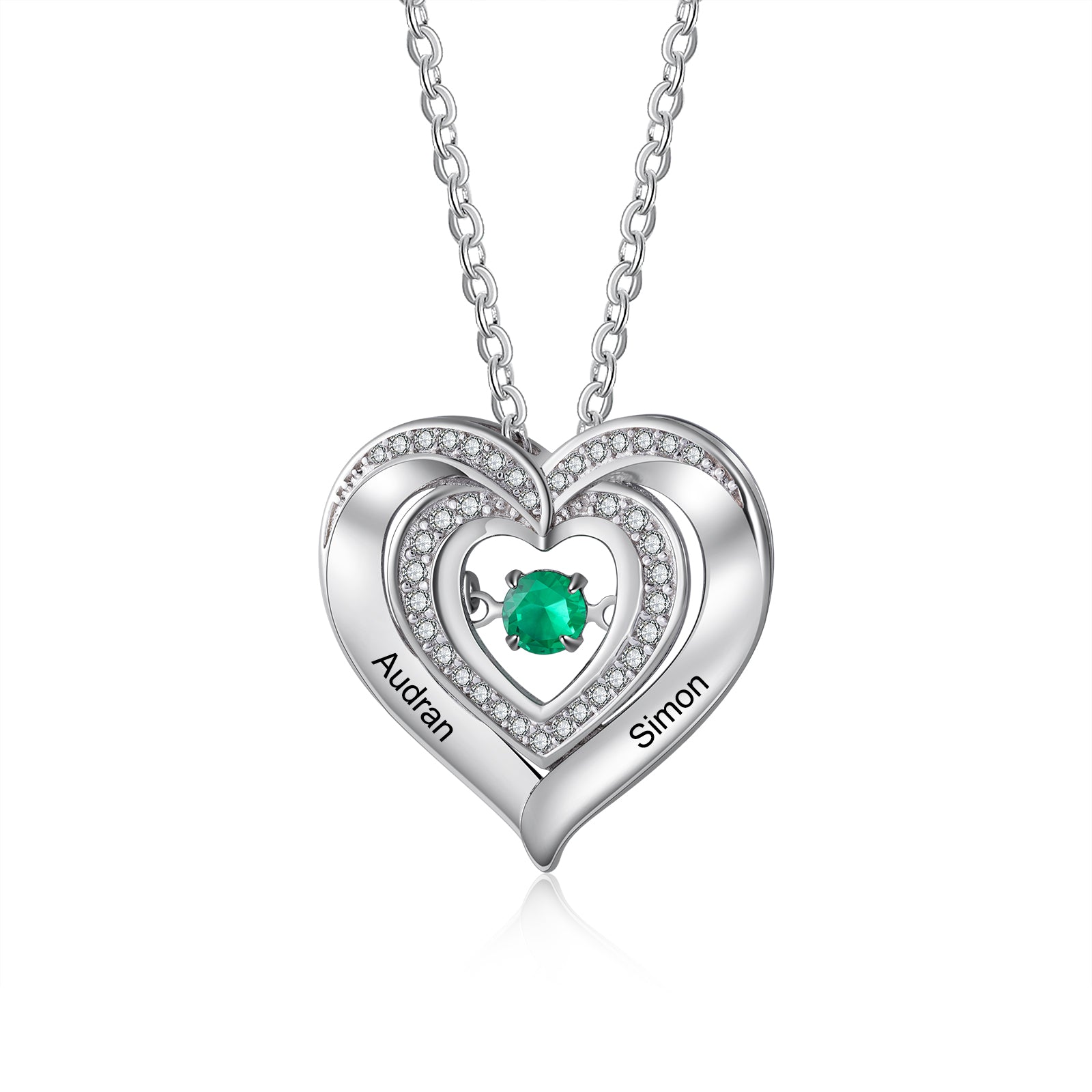 earring jewelry, silver personalized heart necklace with green gemstone and engraved names Audran, Simon