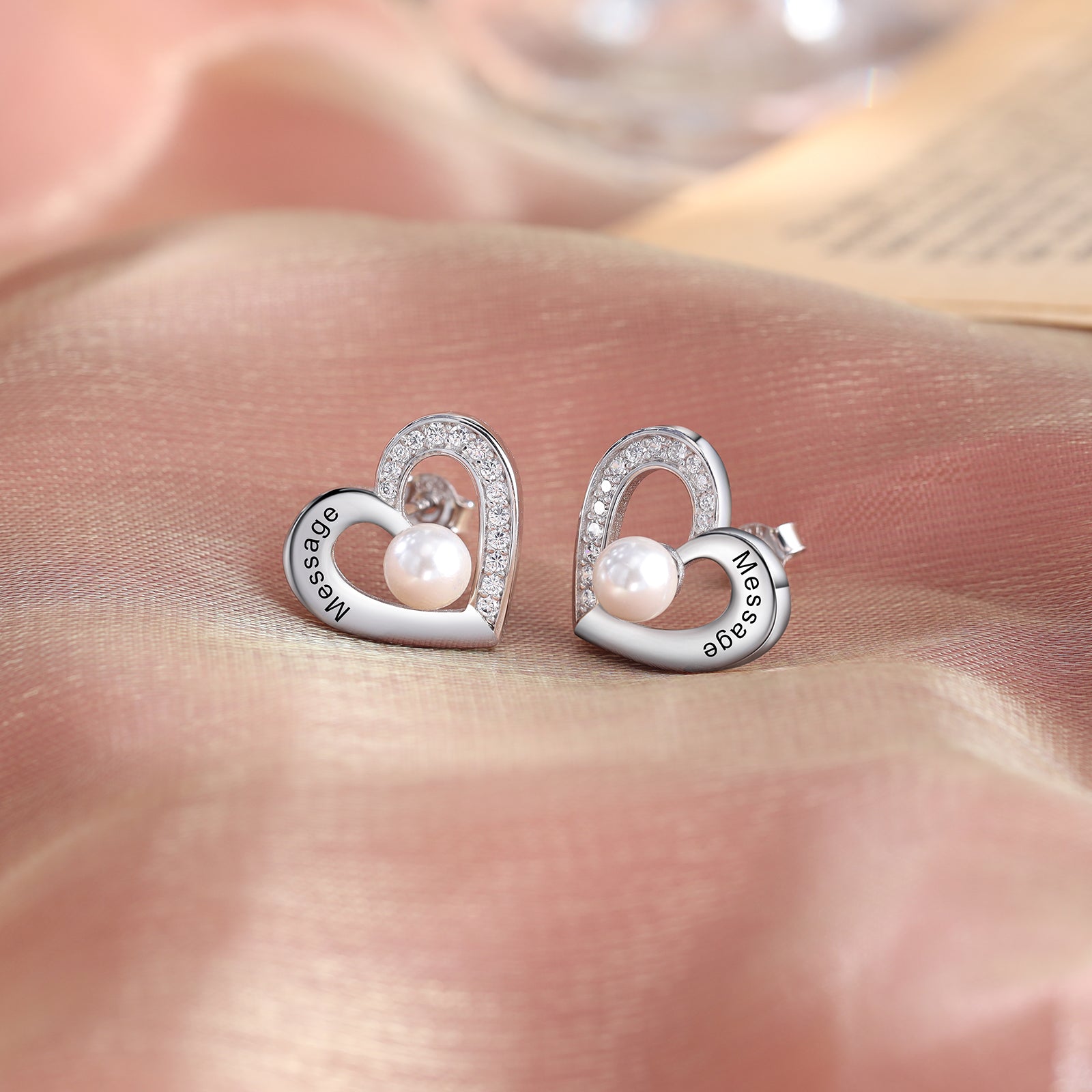 Custom Heart Stud Earrings with Pearl