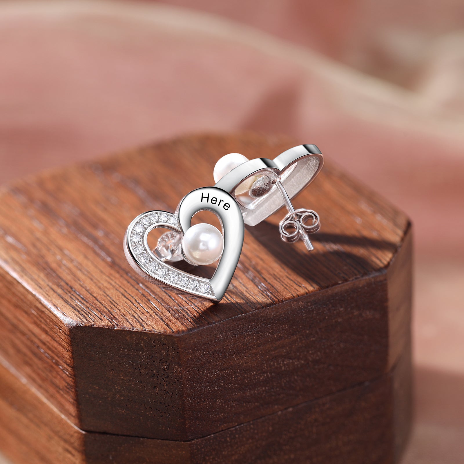 Custom Heart Stud Earrings with Pearl