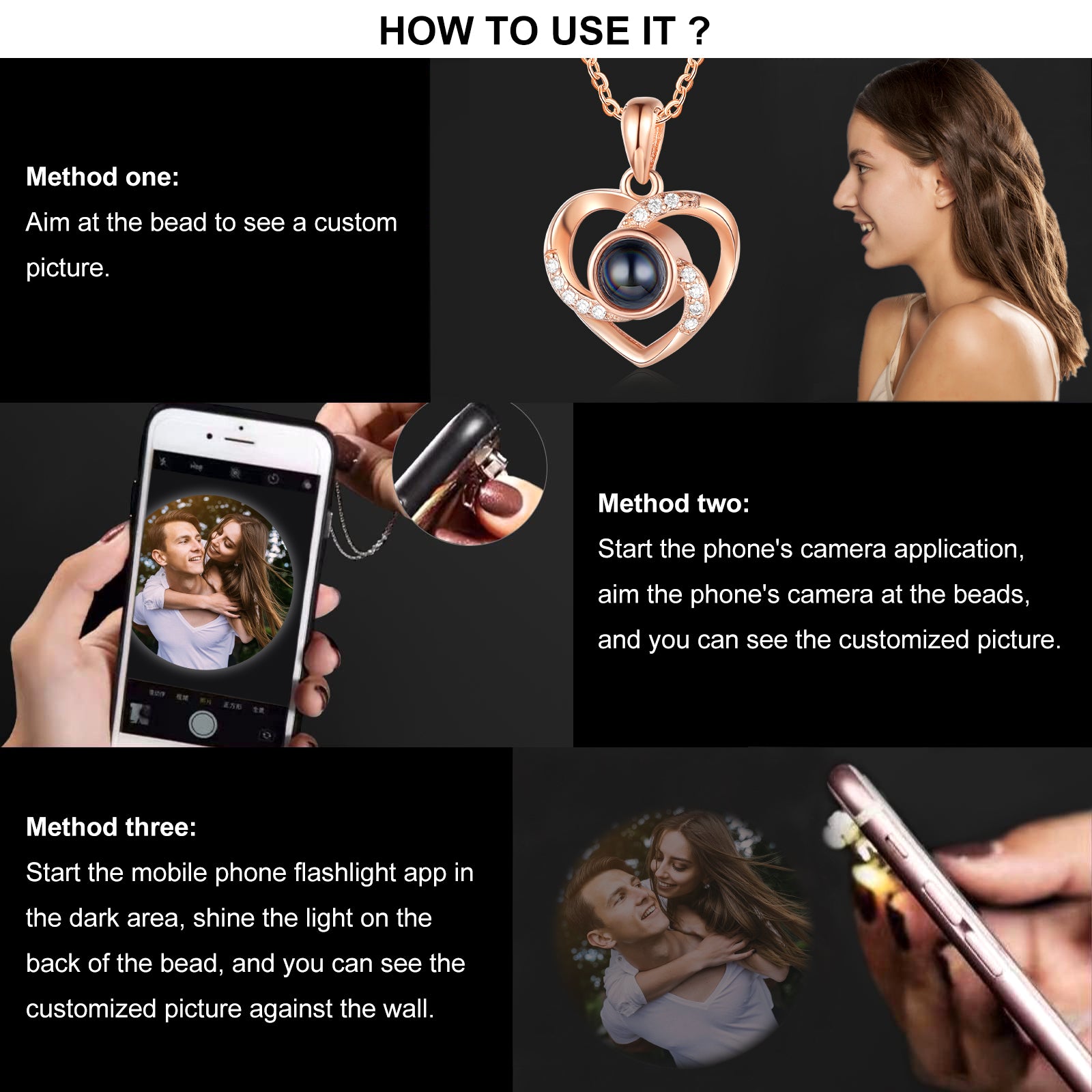 Heart Necklace guide: picture necklace uses phone camera and flashlight methods.