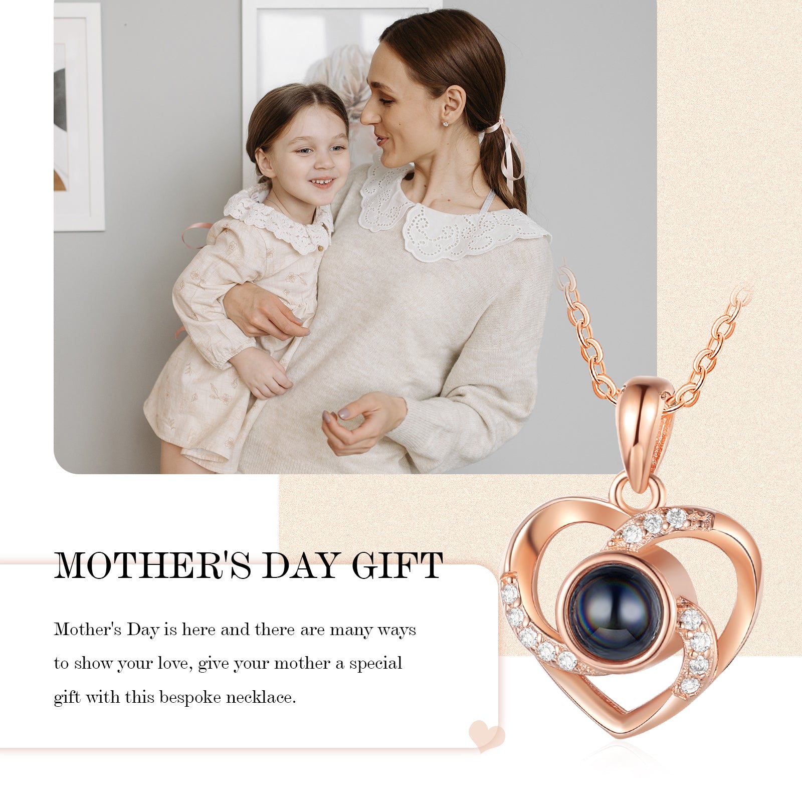 picture into necklace, Mother's Day personalized jewelry with heart-shaped pendant necklace in rose gold