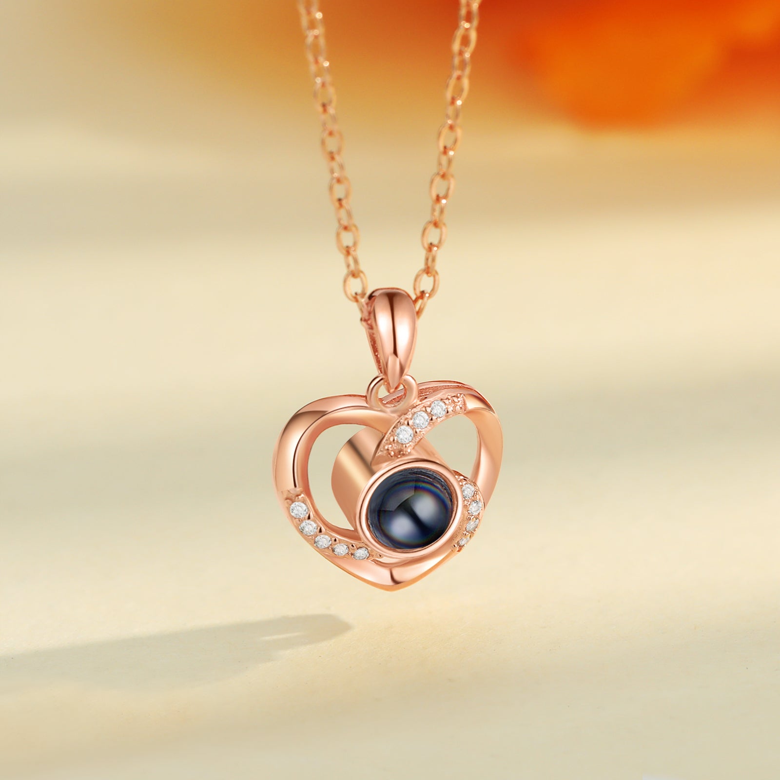 btithsday stone , Rose Gold Heart Pendant Necklace with Blue Gemstone - Personalized Photo Necklace