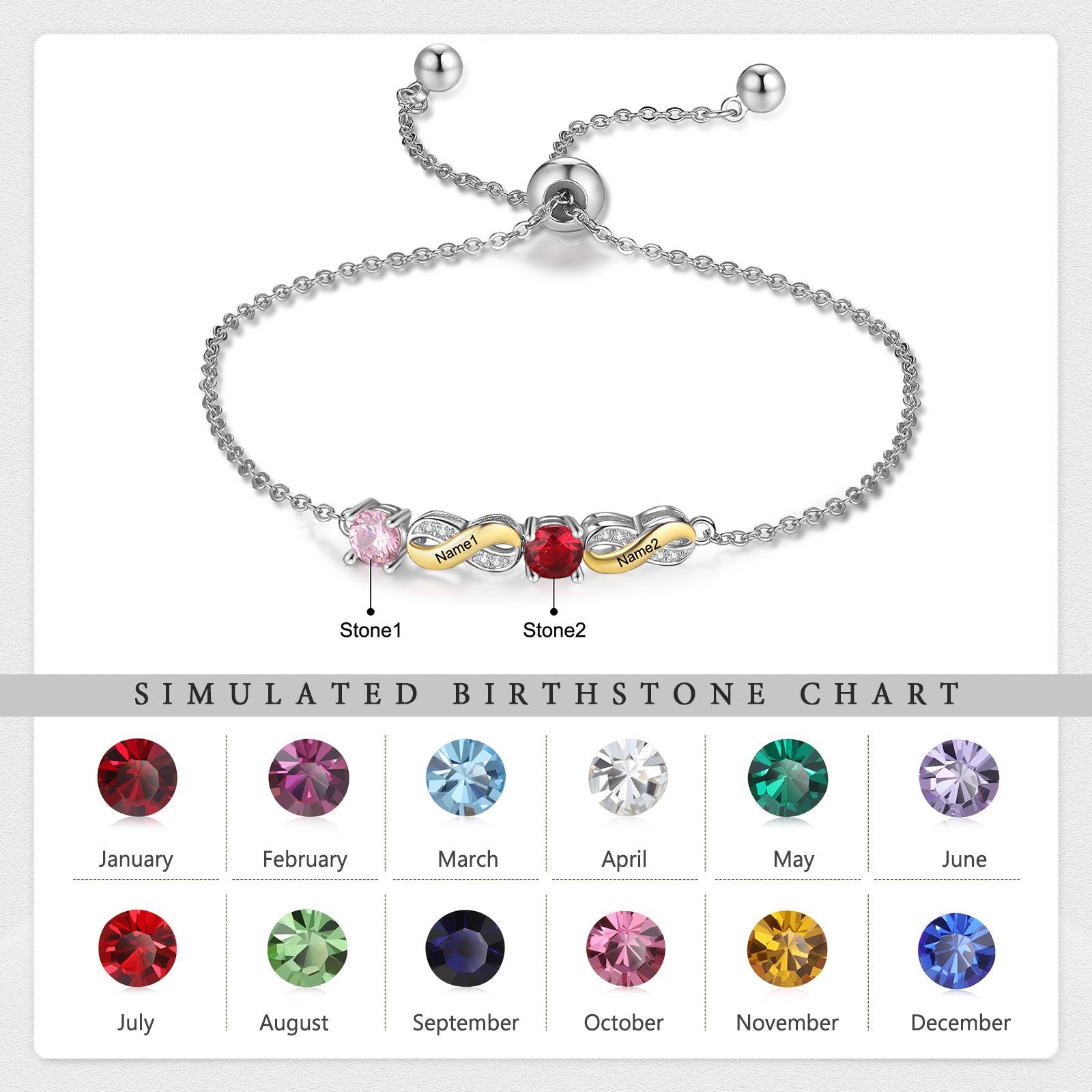 Custom Birthstone Bracelet with colorful stones on silver chain, birthstone jewelry.