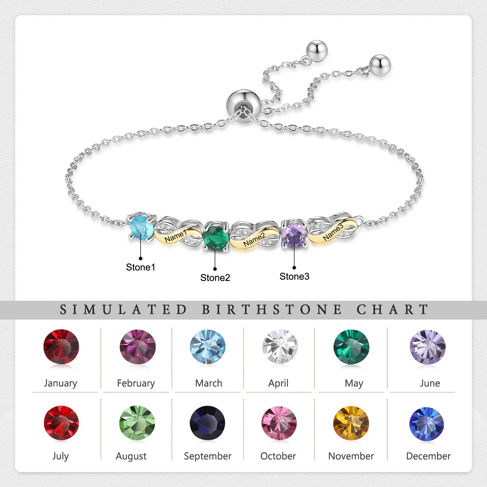 Custom Birthstone Bracelet with charms on silver chain and birthstone chart backdrop