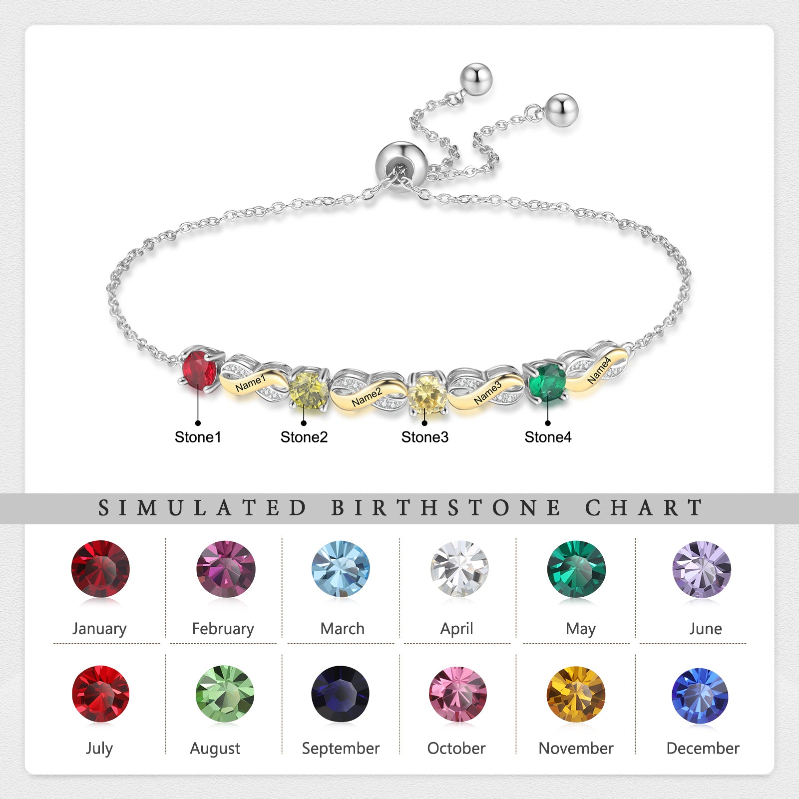 Custom Birthstone Bracelet with red, yellow, green, and blue stones on a silver band