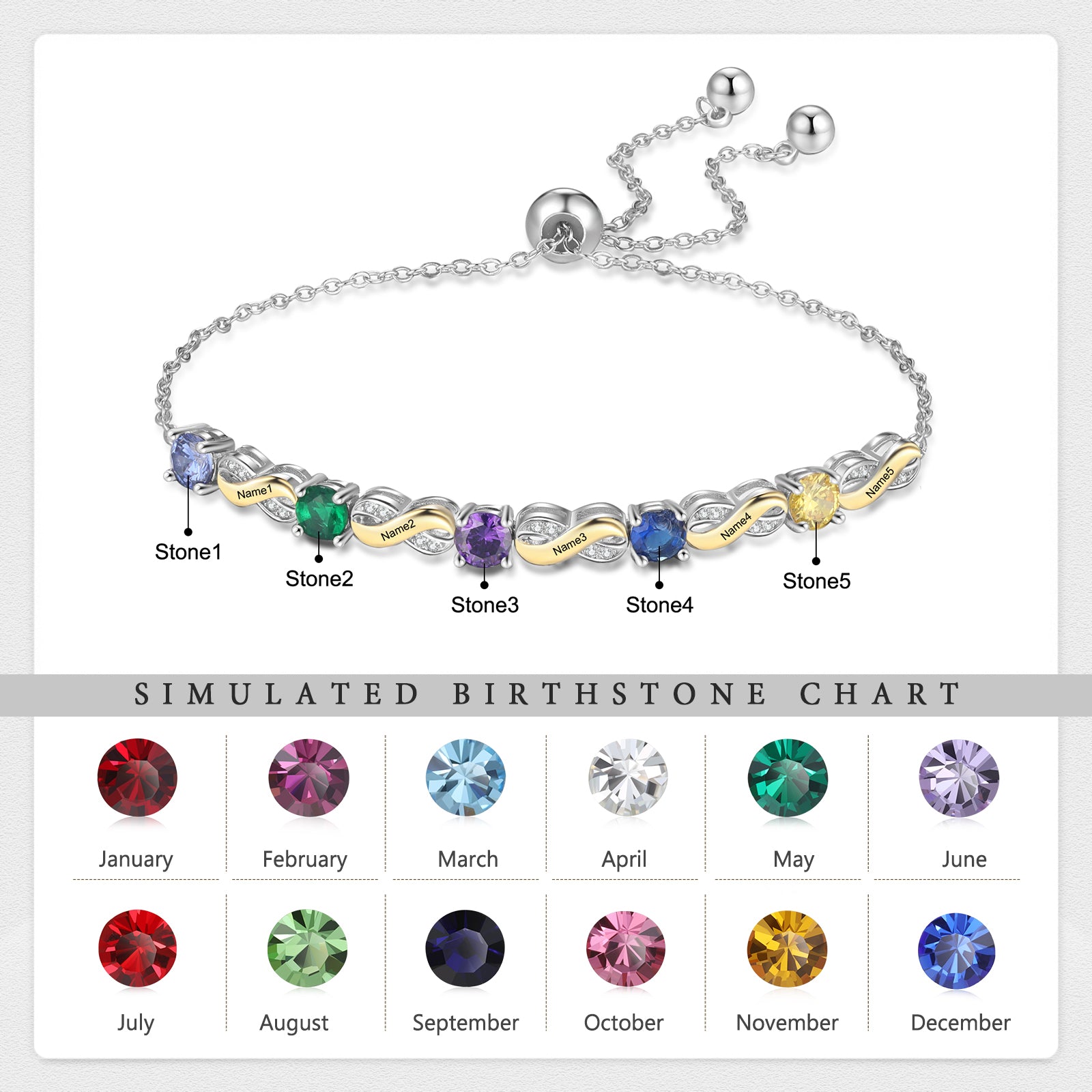 Custom Birthstone Bracelet with colorful stones and birthstone chart