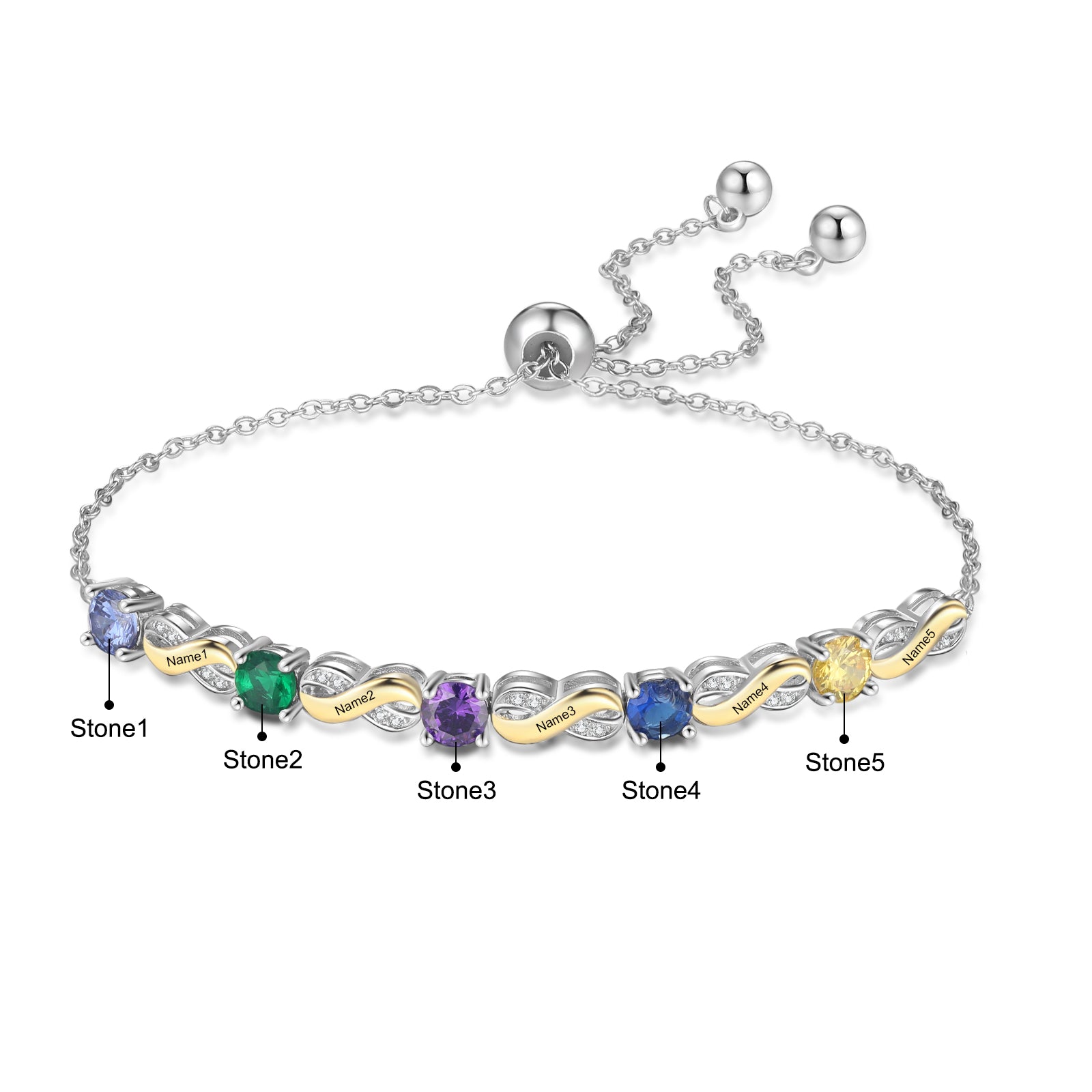 Custom Birthstone Bracelet with colorful gemstones on adjustable silver chain