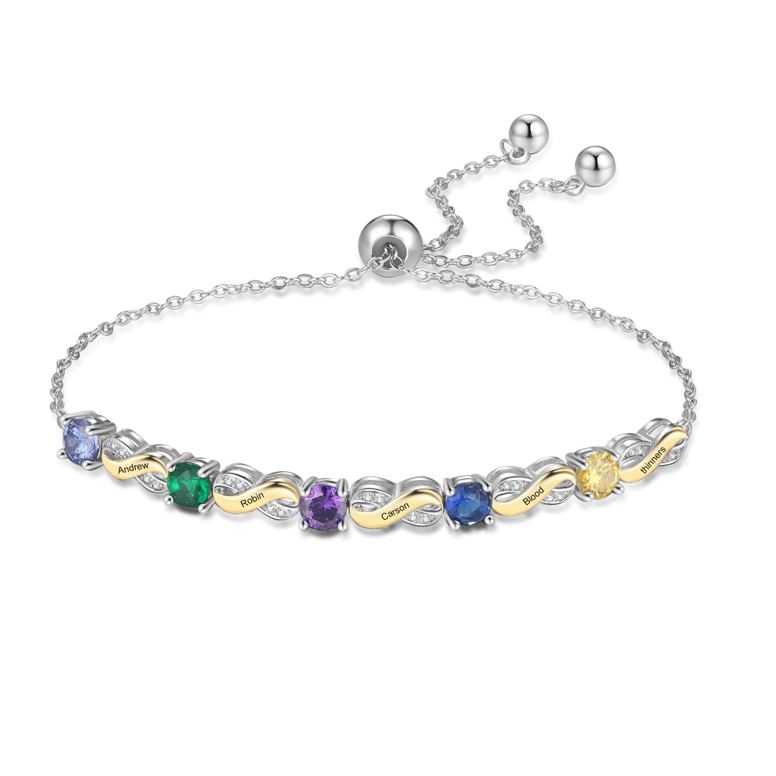 Custom Birthstone Bracelet with silver and colorful gemstones on white background