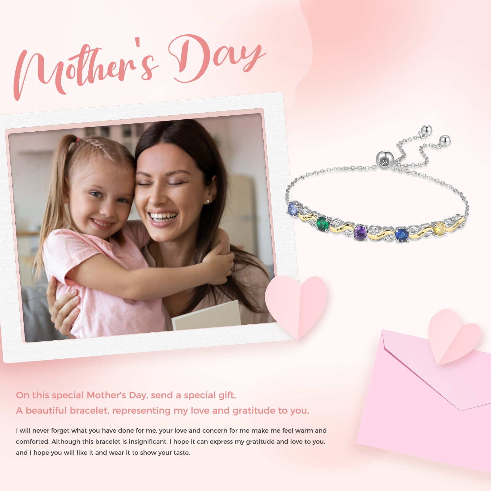 Custom Birthstone Bracelet for Mother's Day with colorful gemstones and heart accents