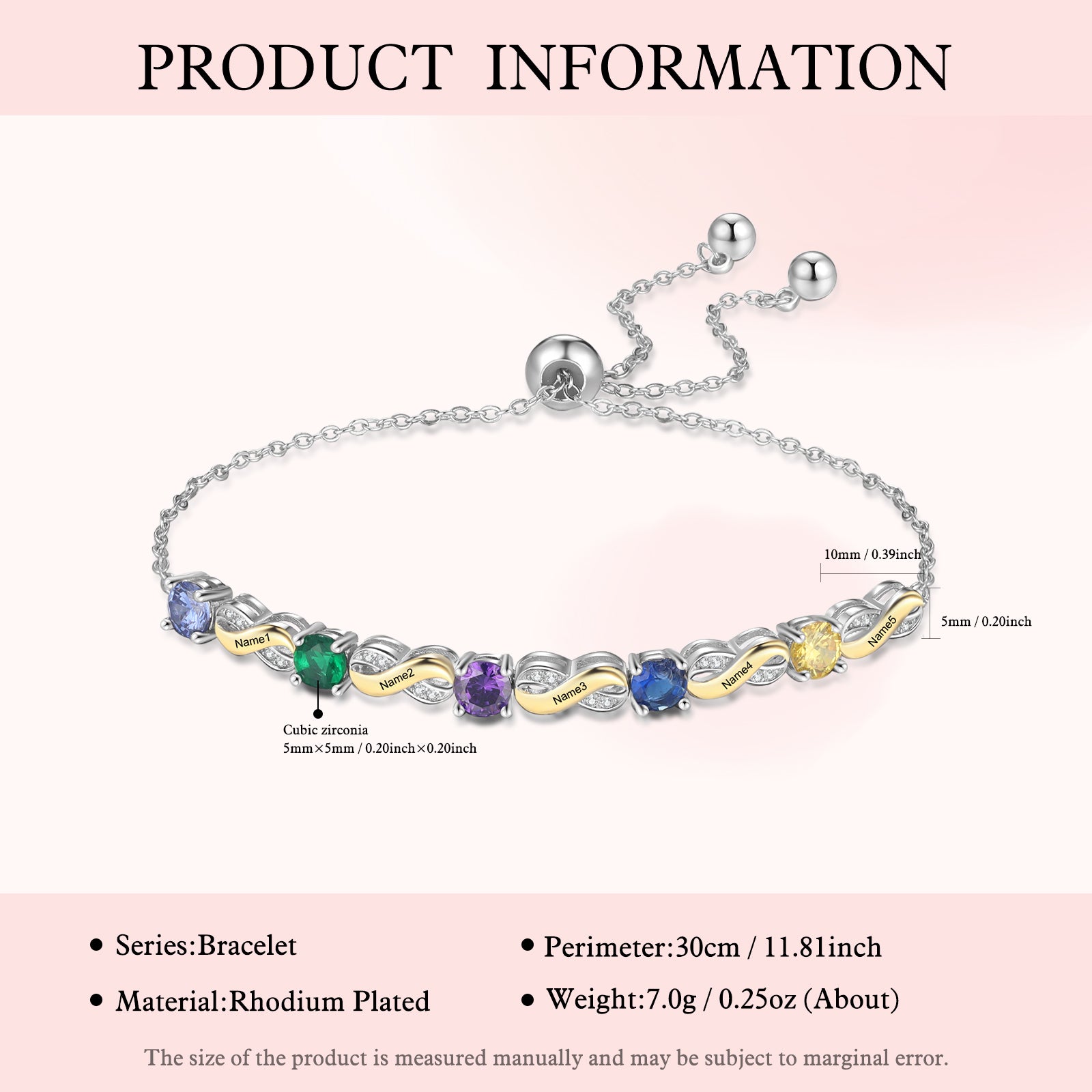 Custom Birthstone Bracelet with multicolor gemstones on rhodium-plated chain