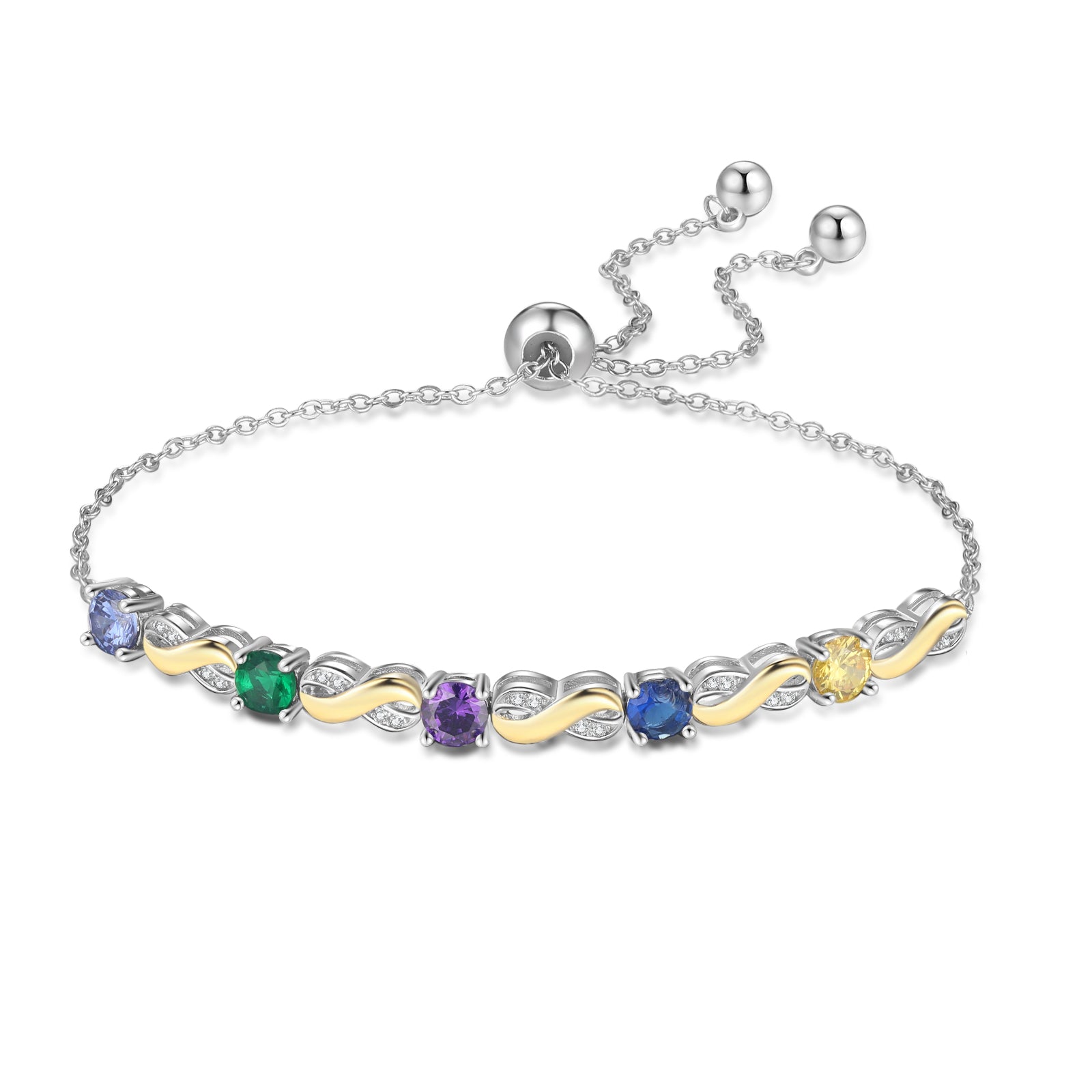 Custom Birthstone Bracelet with vibrant gemstones in silver setting on white background