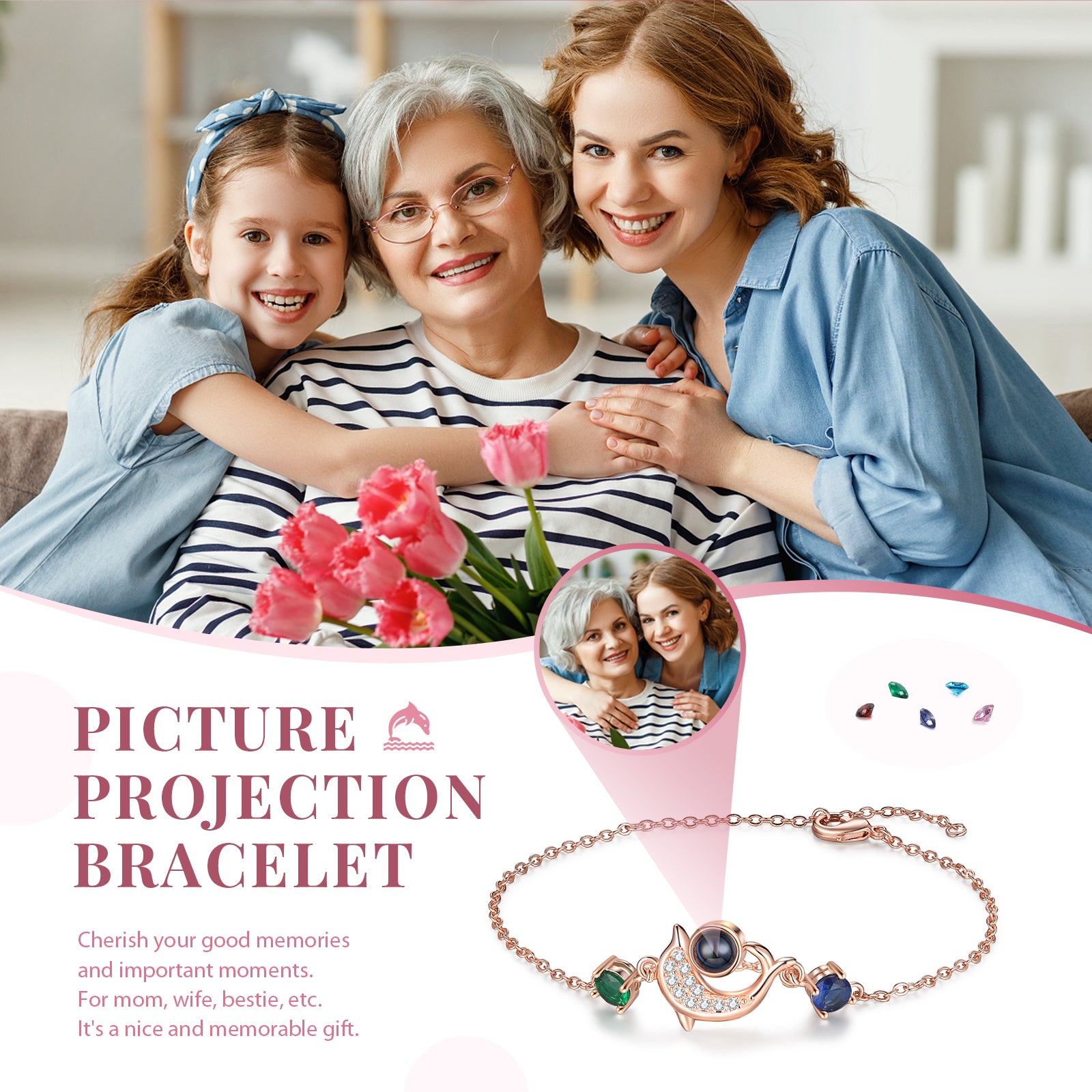 name necklace , Family smiles with rose gold Photo Bracelet, tulip bouquet enhances warmth.