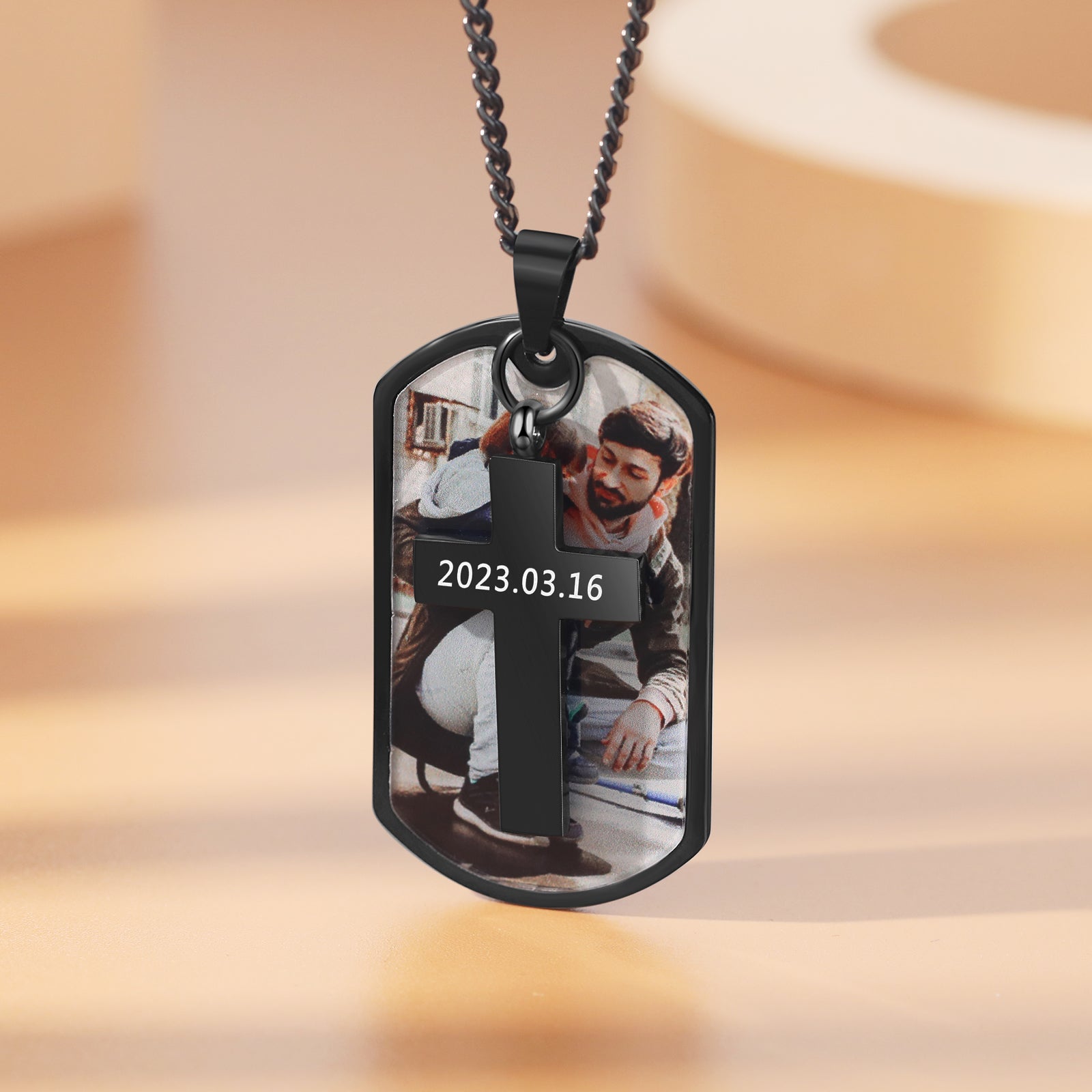 btithsday stone , Black dog tag pendant with photo necklace and "2023.03.16" inscribed date.