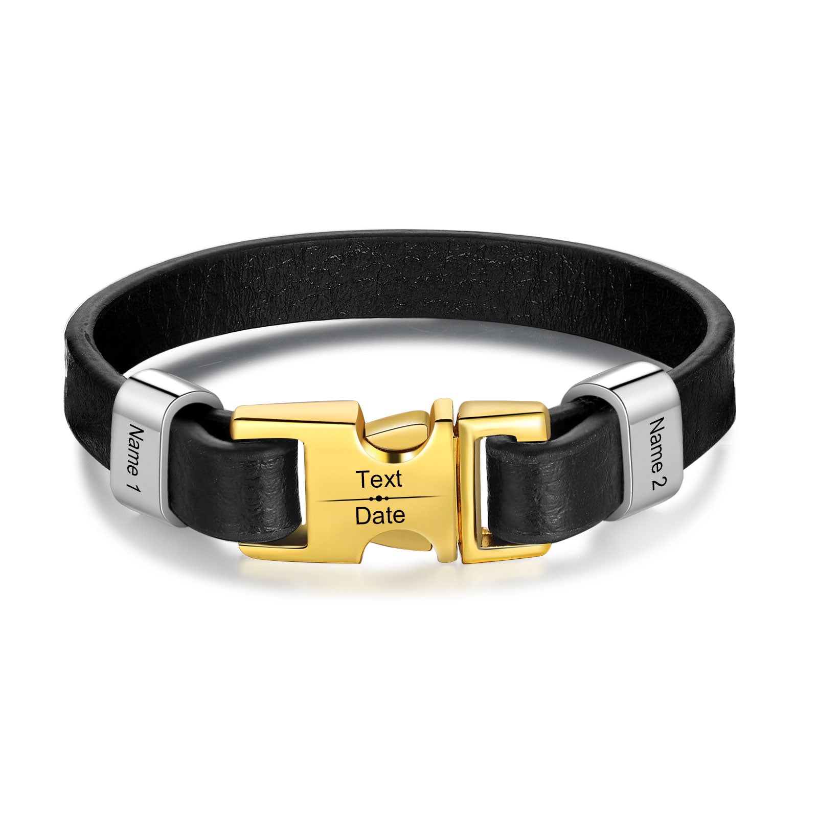 Personalized leather bracelet with gold buckle on white backdrop, ideal for Family Keychain.