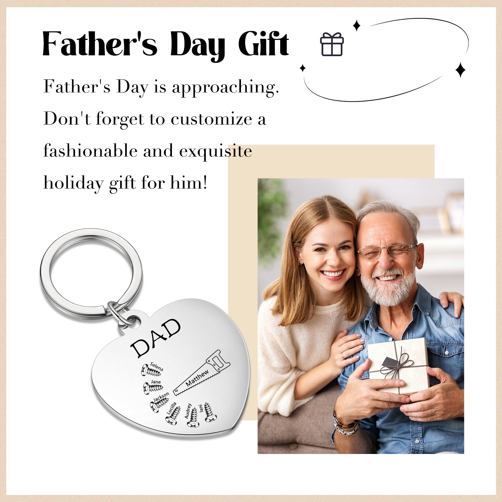 Father's Day custom keychain with "DAD", names Anne and Matthew, stone bead necklace