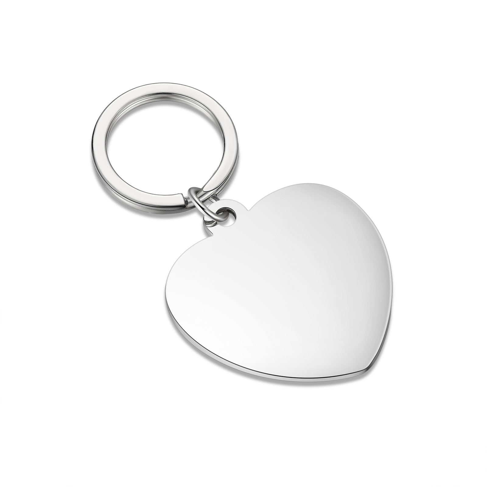 Silver puzzle keychain with heart pendant on white background, jewelry keychain.