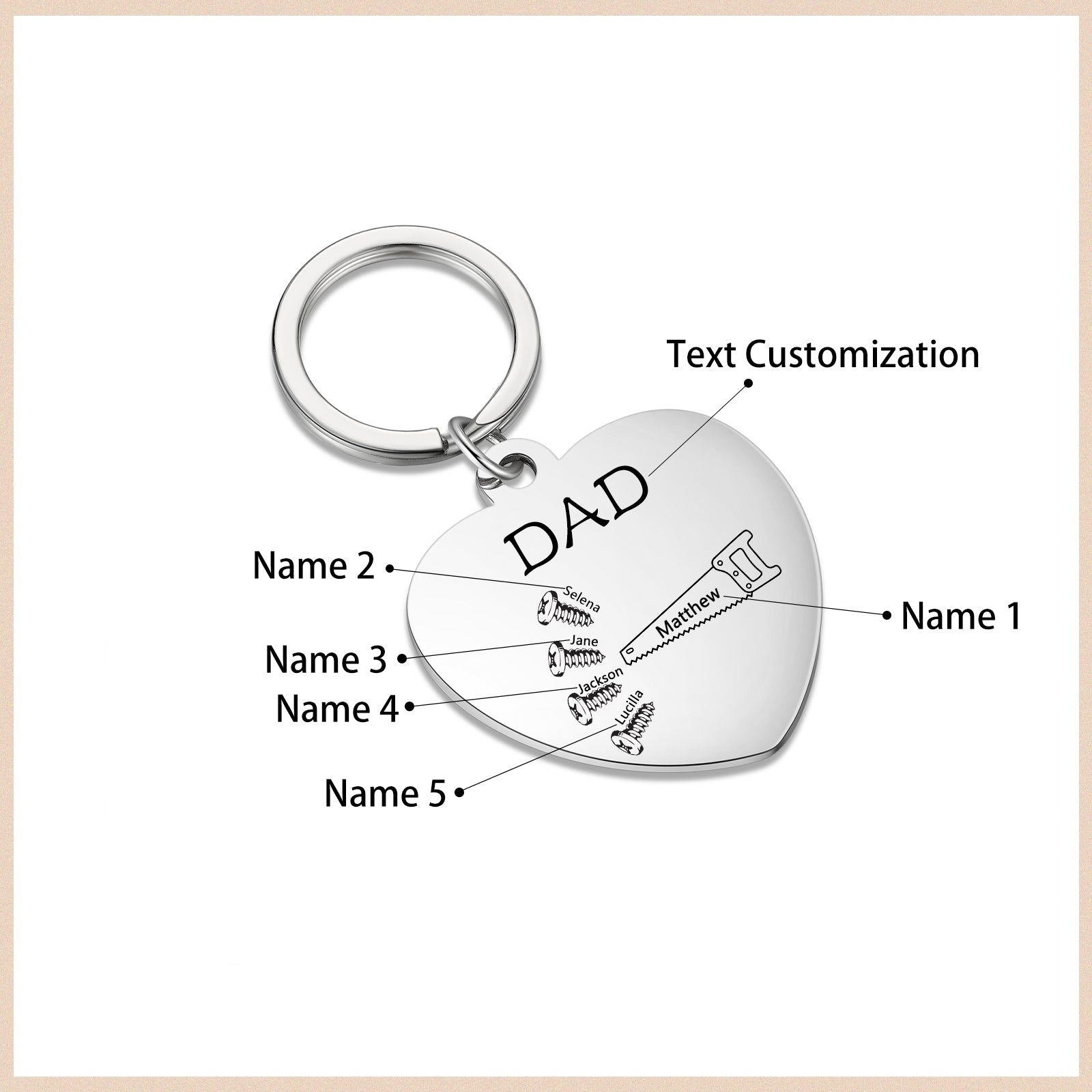 Silver heart Couples Keychain with text customization and attached silver photo ring