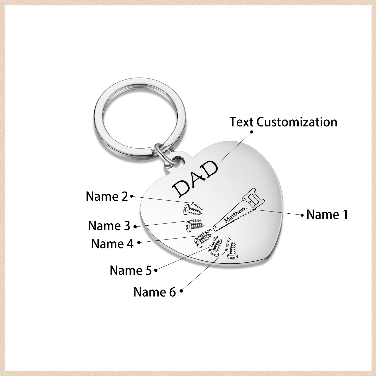 Silver heart puzzle keychain with personalized bead bracelet placeholders.