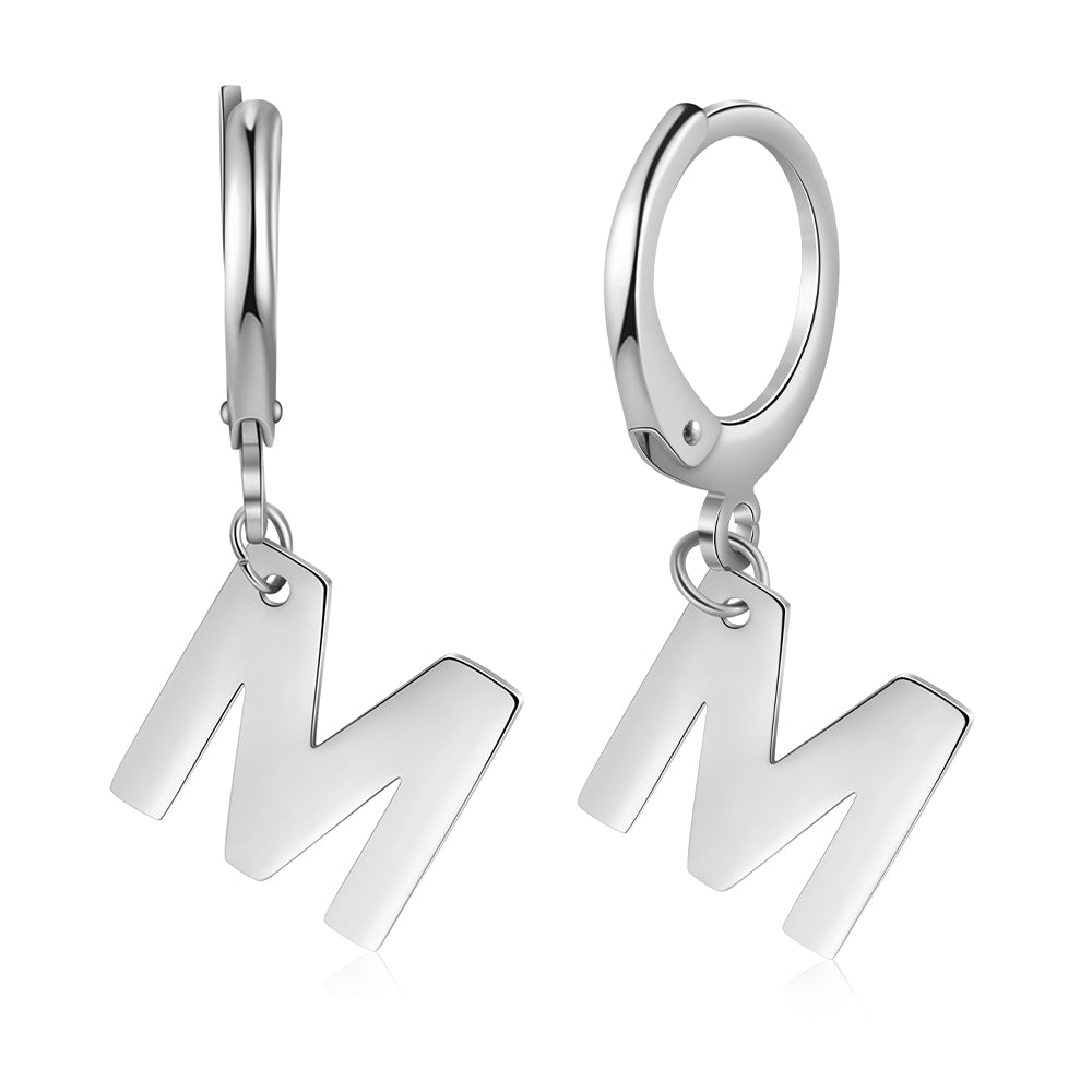 stone bead necklace, silver Custom Initial Earrings with 'M' charm and drop designs on white backdrop