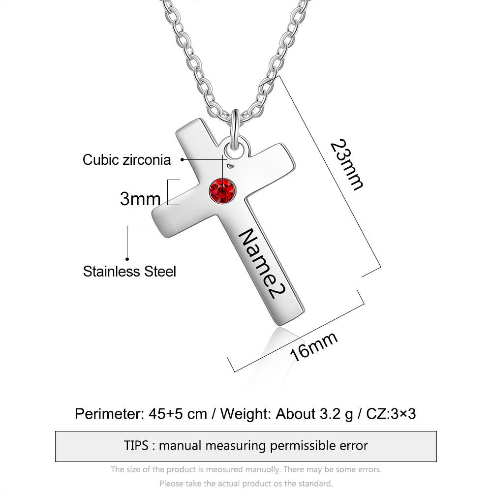 name necklace , Stainless Steel Necklace with Name2 cross pendant, red gemstone in zirconia setting