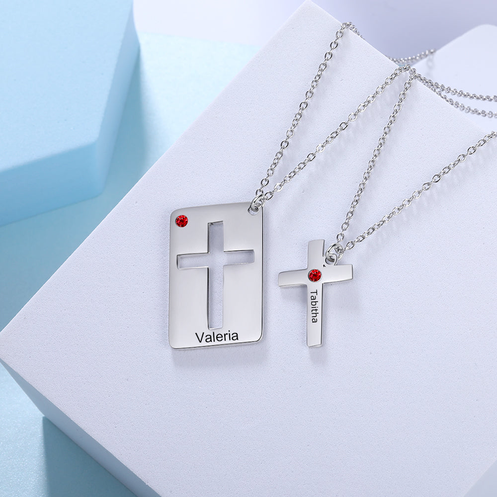 earrings gift, Silver Necklace Set with Cross Pendants, Engraved "Valeria", and Red Gemstones