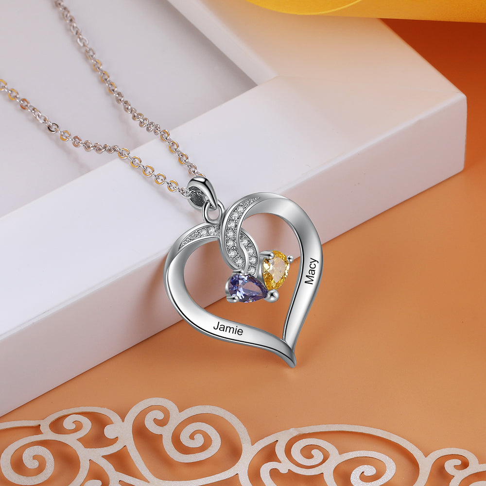 birthday bracelet, Silver heart necklace with gemstones on white box, engraved with Jamie and Macy.