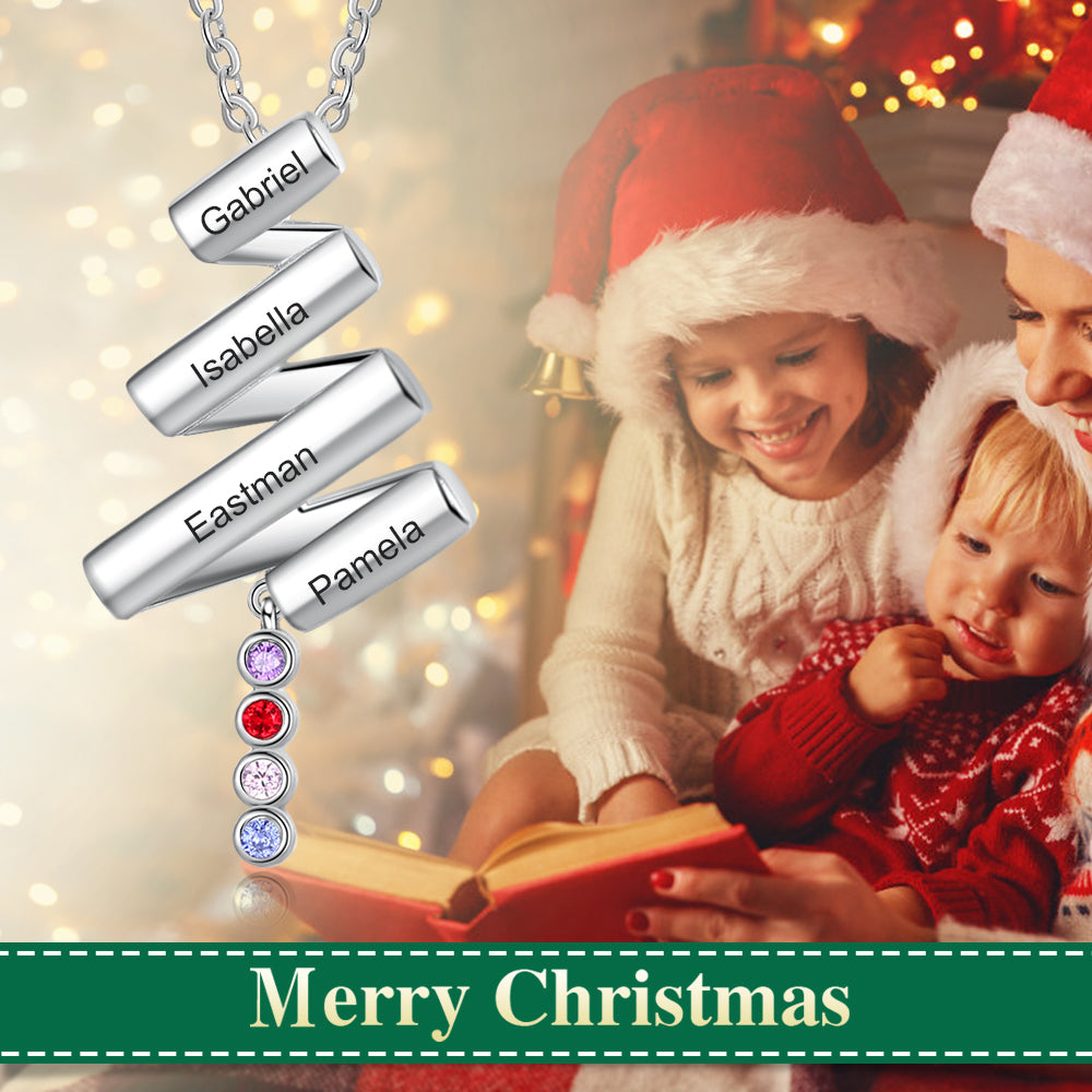 keychains, Silver Christmas Tree Necklace with engraved family names, festive greeting.